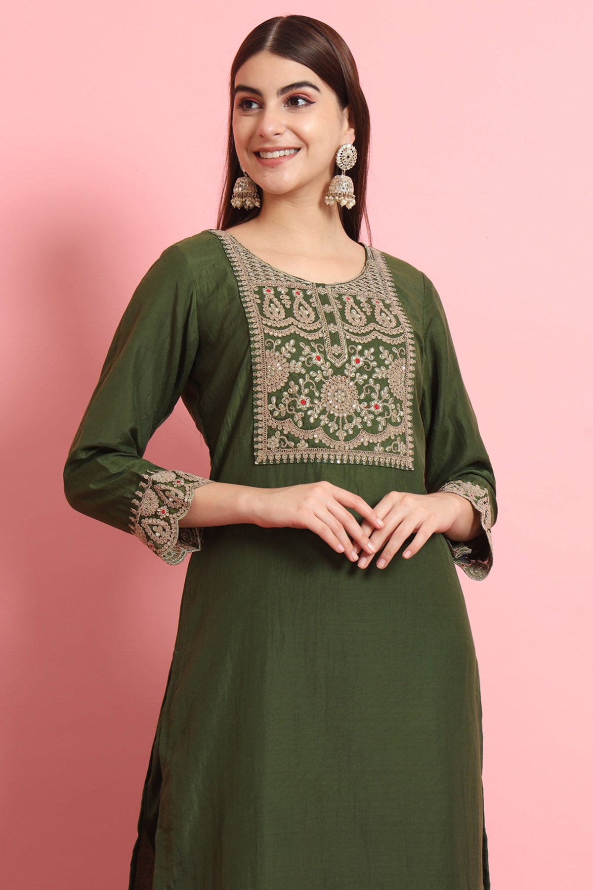 Silk Embroidery Green Kurta Set