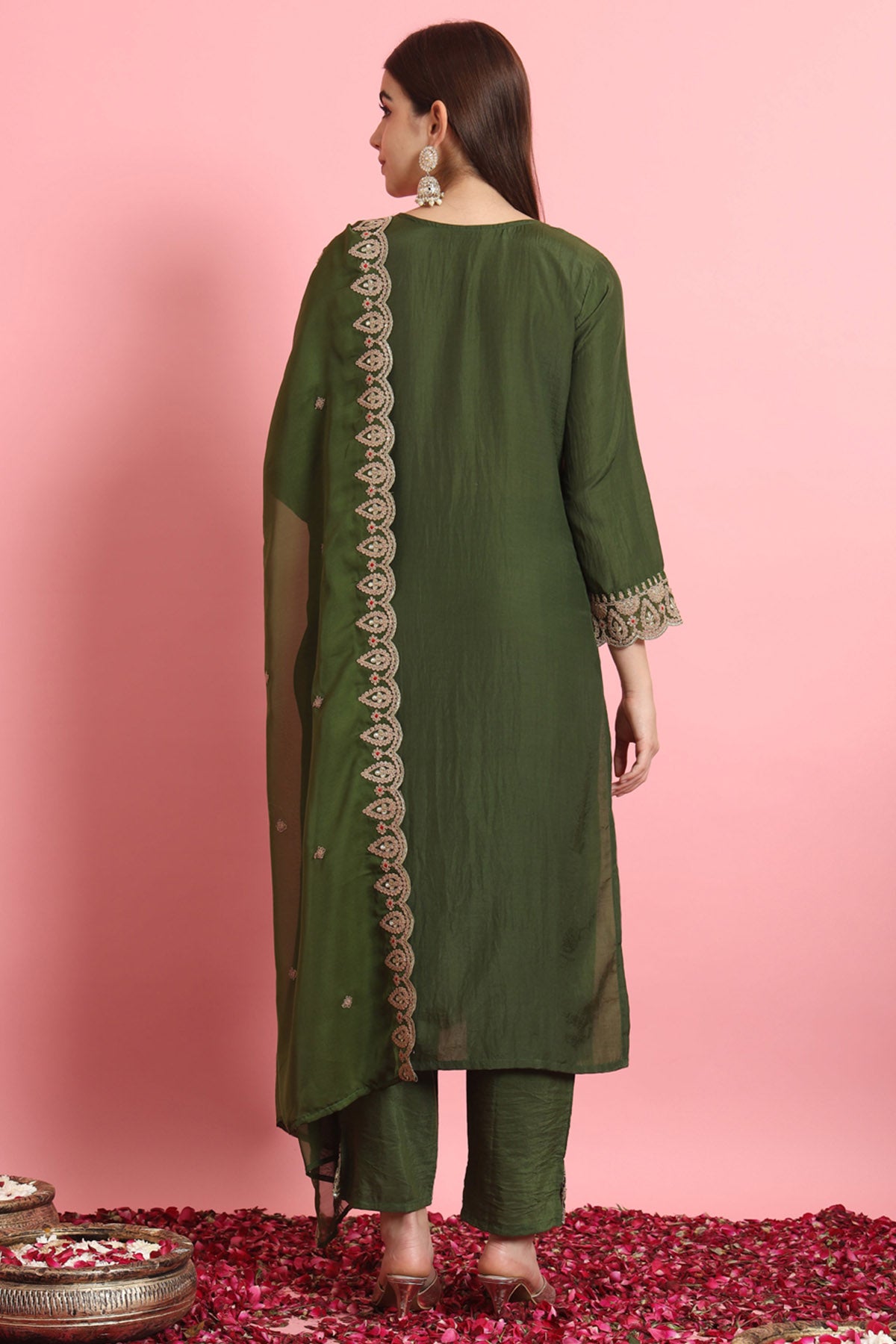 Silk Embroidery Green Kurta Set