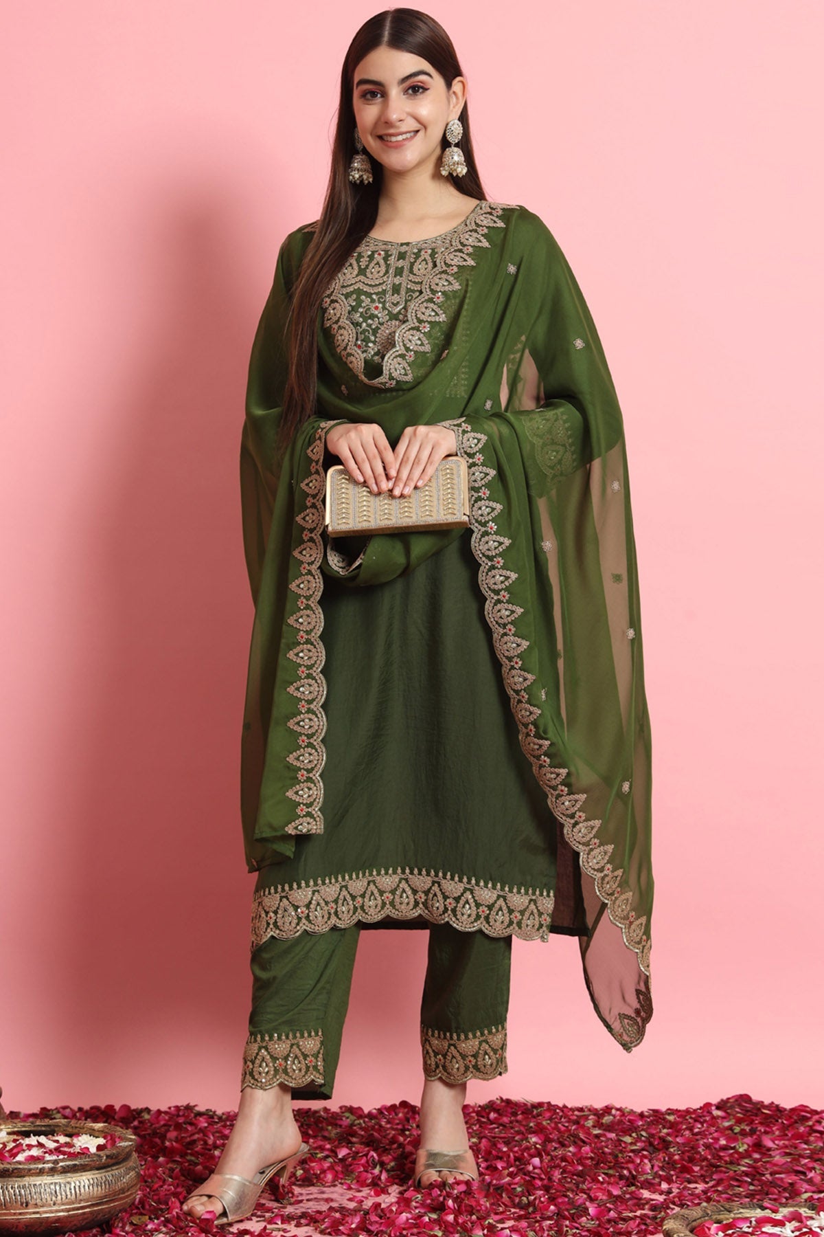 Buy Silk Embroidery Green Kurta Set for women by Aastha Fashion online available at scrollnshops