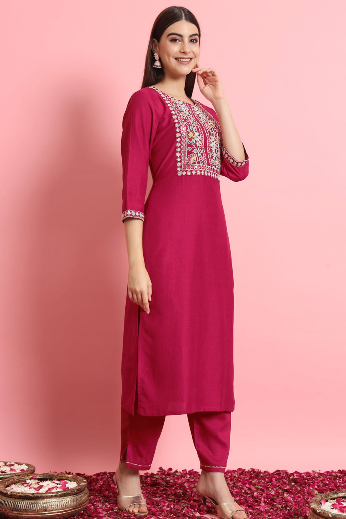 Silk Embroidery Pink Kurta Set