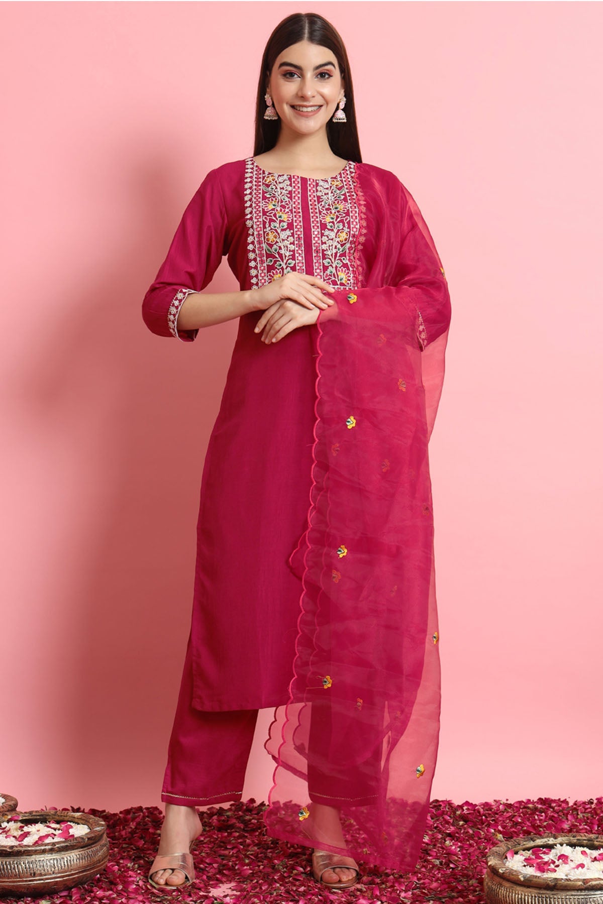 Buy Silk Embroidery Pink Kurta Set for women by Aastha Fashion online available at scrollnshops