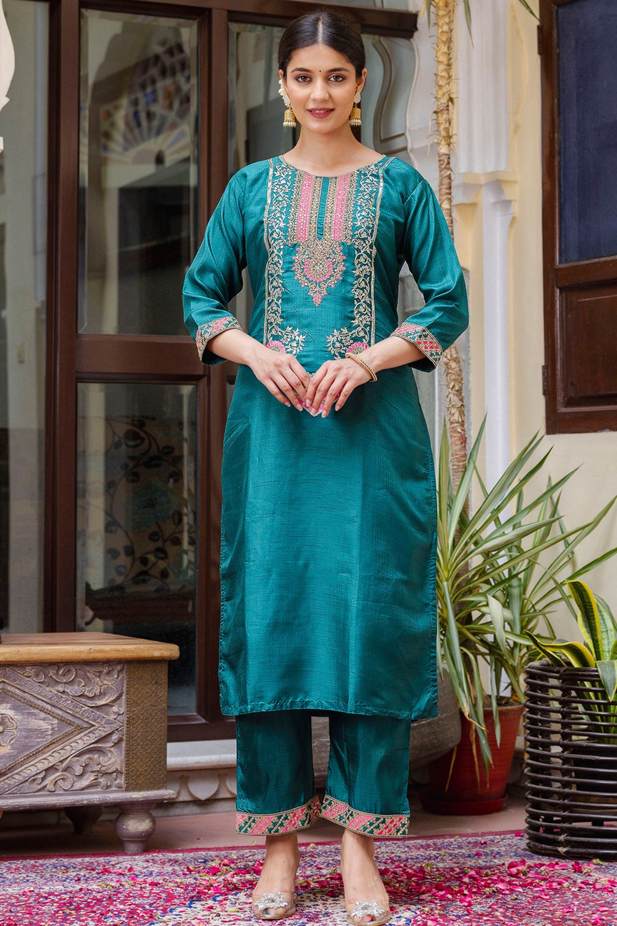 Silk Embroidery Rama Kurta Set