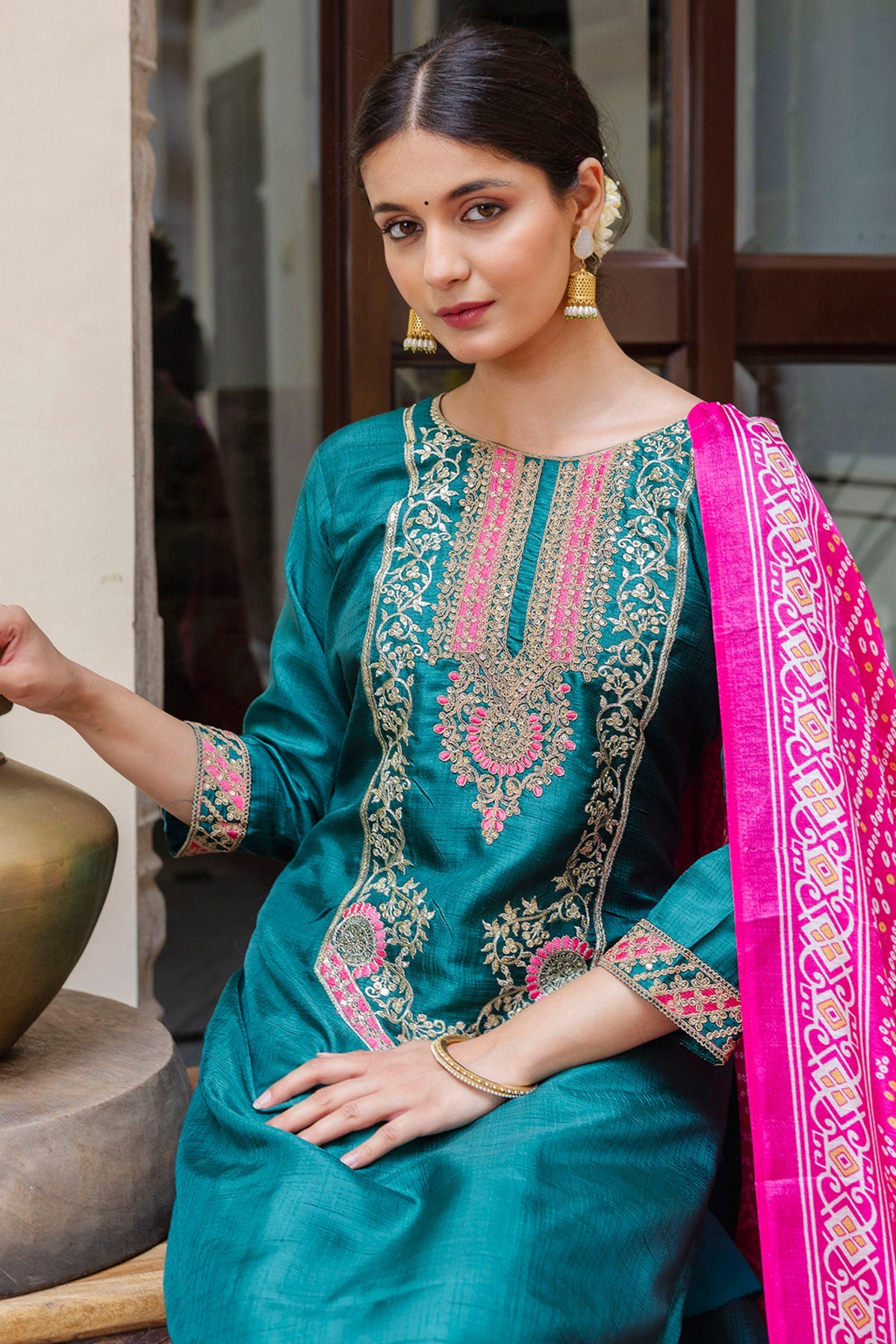 Silk Embroidery Rama Kurta Set