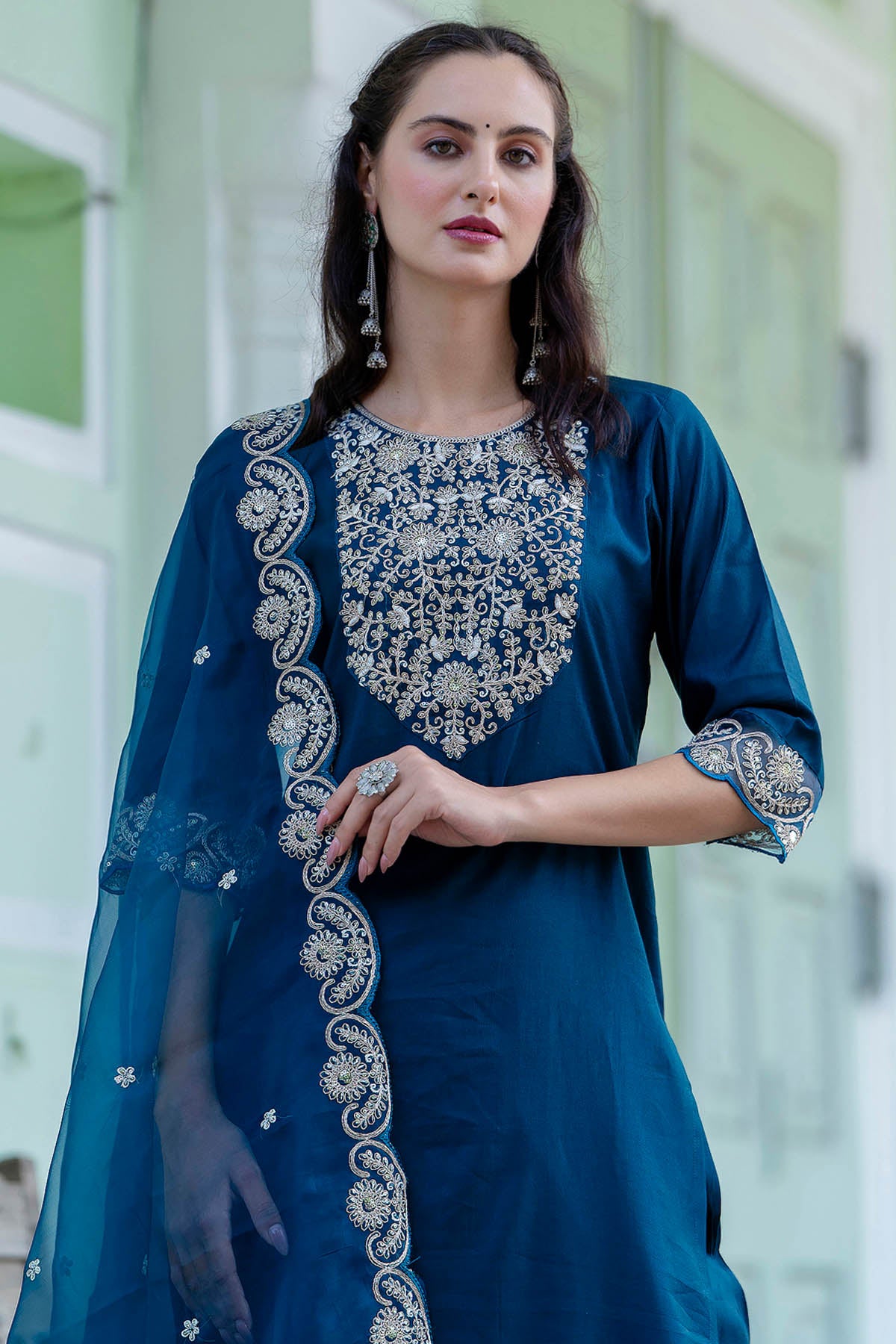 Silk Embroidery Teal Kurta Set