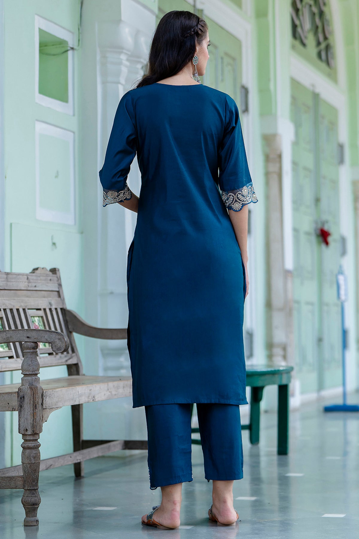 Silk Embroidery Teal Kurta Set