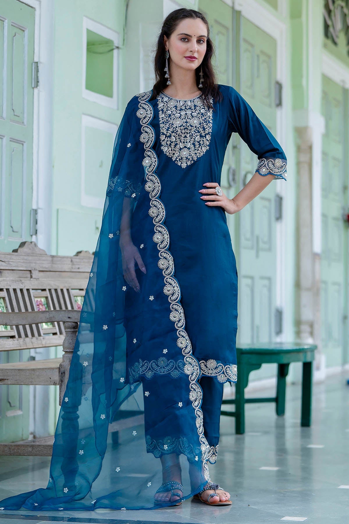Buy Silk Embroidery Teal Kurta Set for women by Aastha Fashion online available at scrollnshops