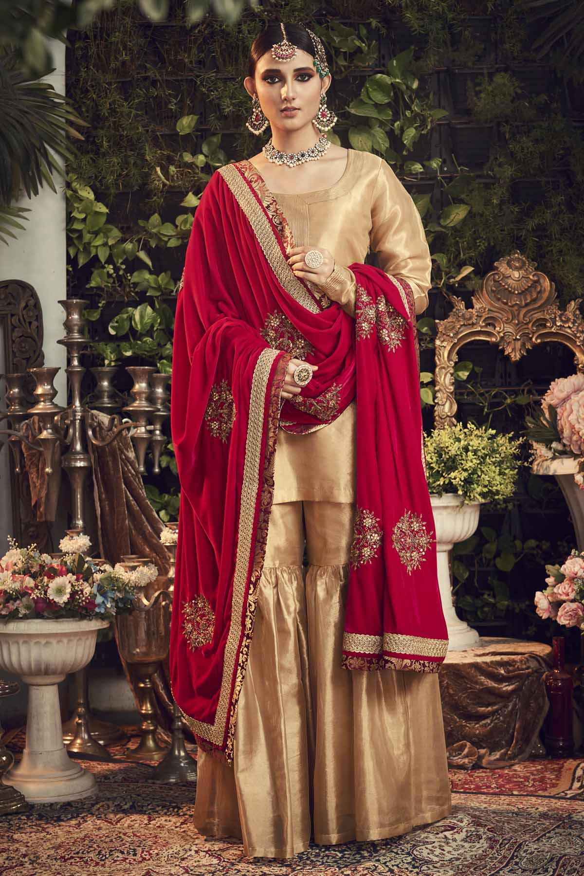 Designer Ranian Oxidised gold kurta set with silk tissue kurta, gharara pants and crimson wine silk velvet dupatta shawl with zardosi bootas all over For Women Online at ScrollnShops