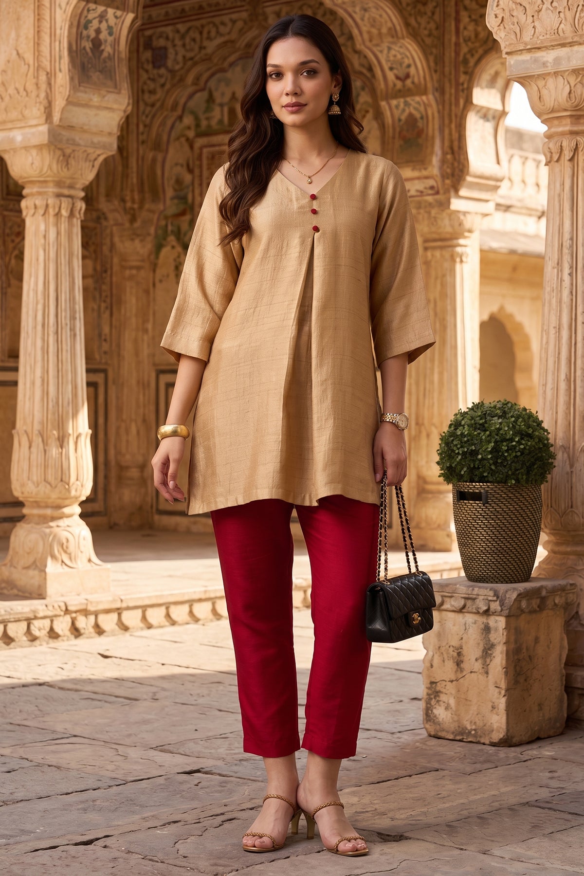 Silk Gold Beige Short Tunic Set