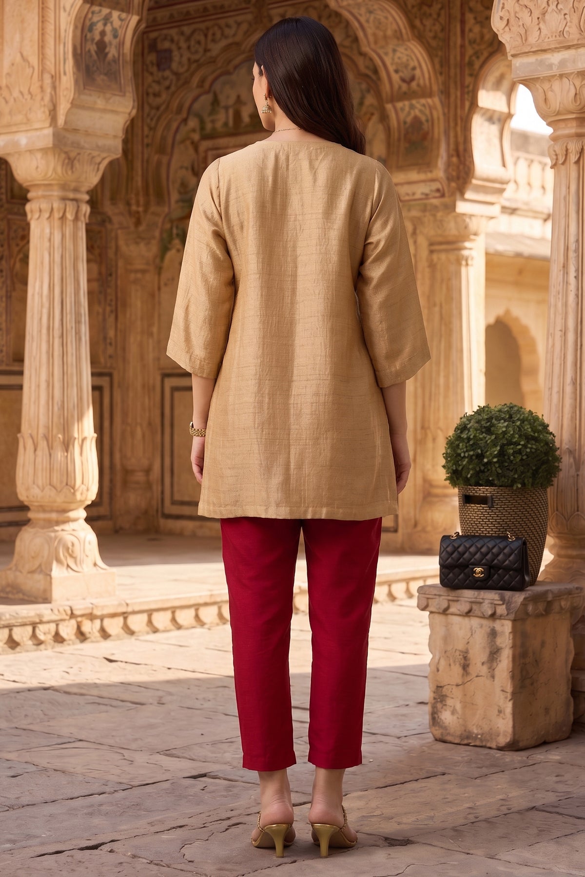 Silk Gold Beige Short Tunic Set