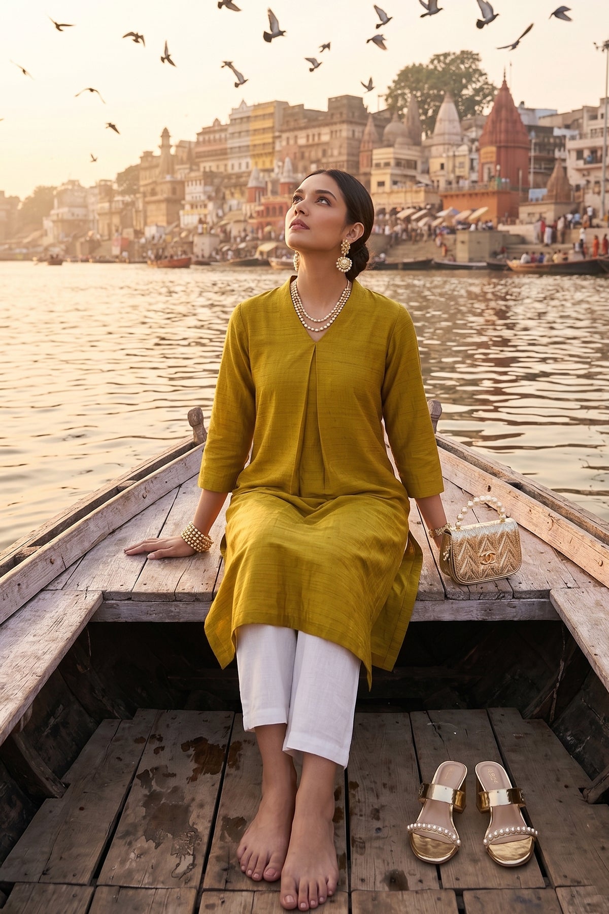Silk Green Box Pleat Kurta Set