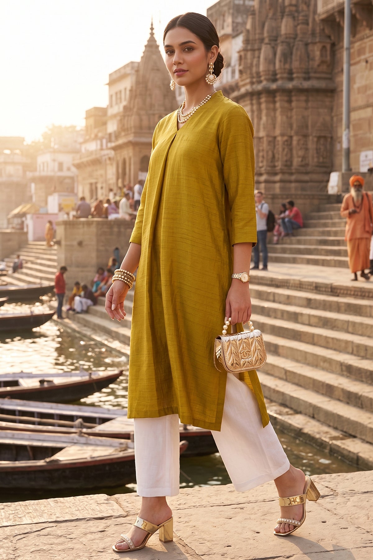 Buy Silk Green Box Pleat Kurta Set for women by Sneha B online available at scrollnshops