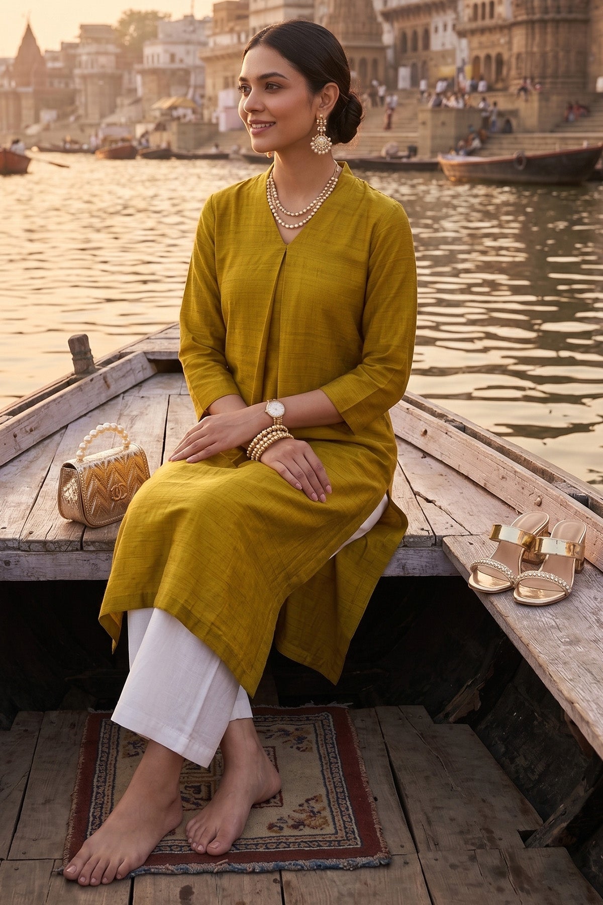 Silk Green Box Pleat Kurta Set