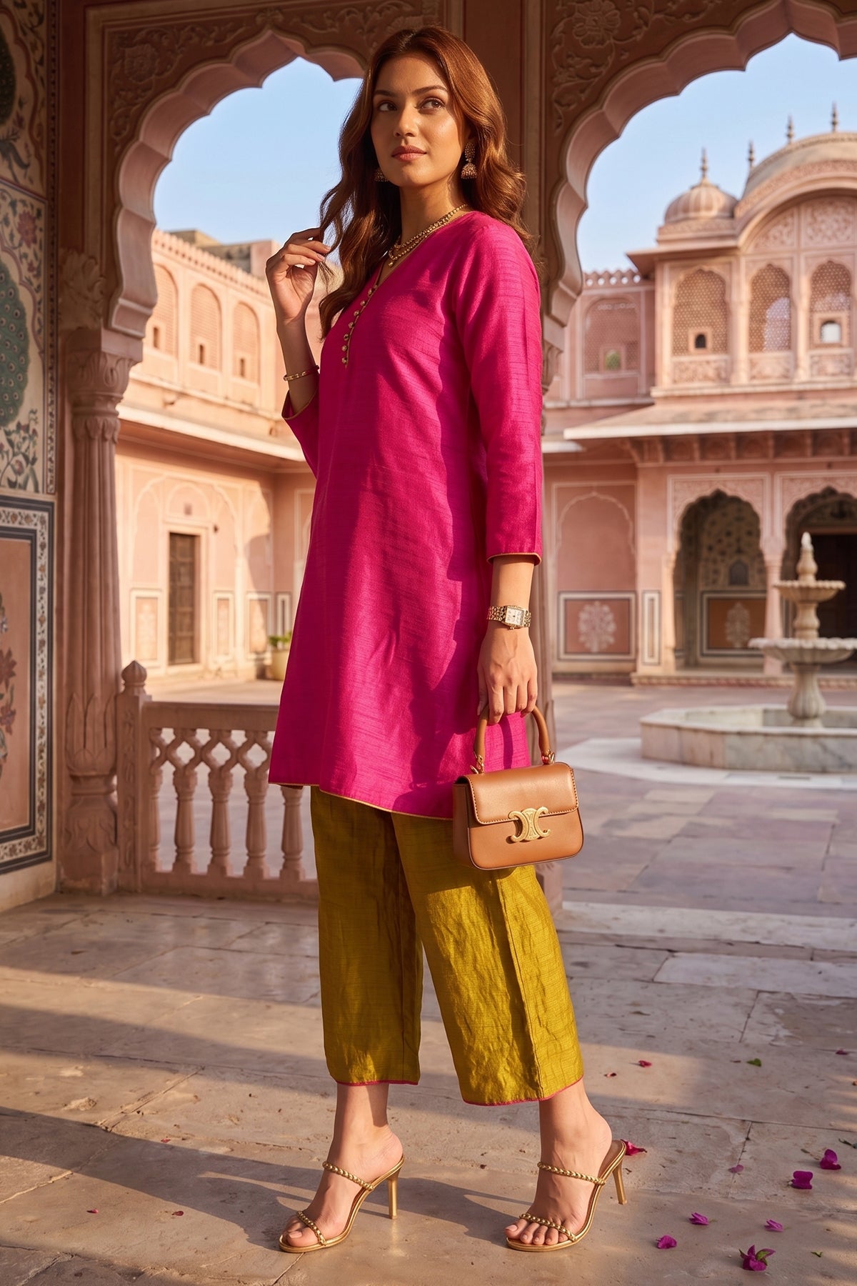 Silk Pink Short Kurta & Pants