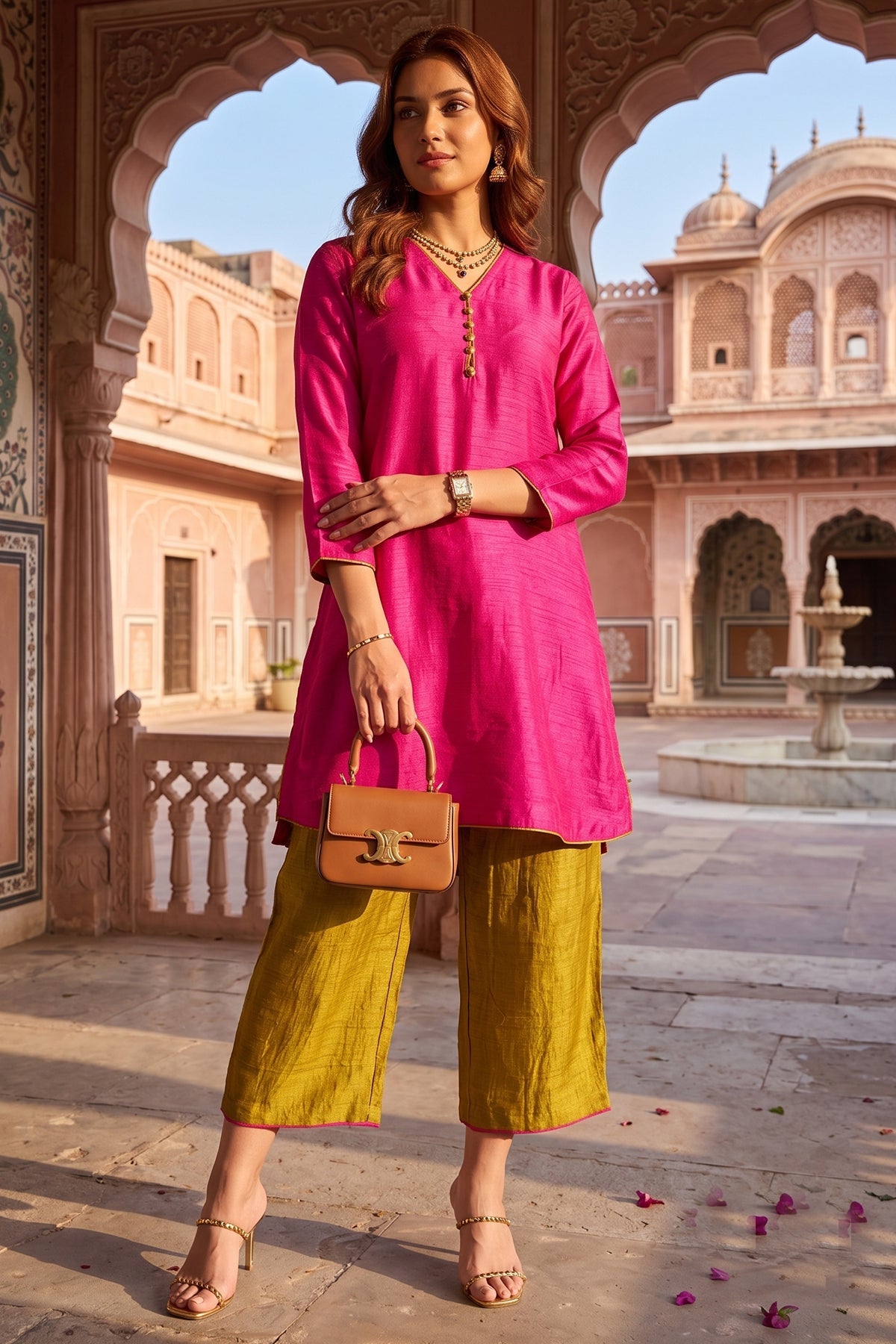 Buy Silk Pink Short Kurta & Pants for women by Sneha B online available at scrollnshops