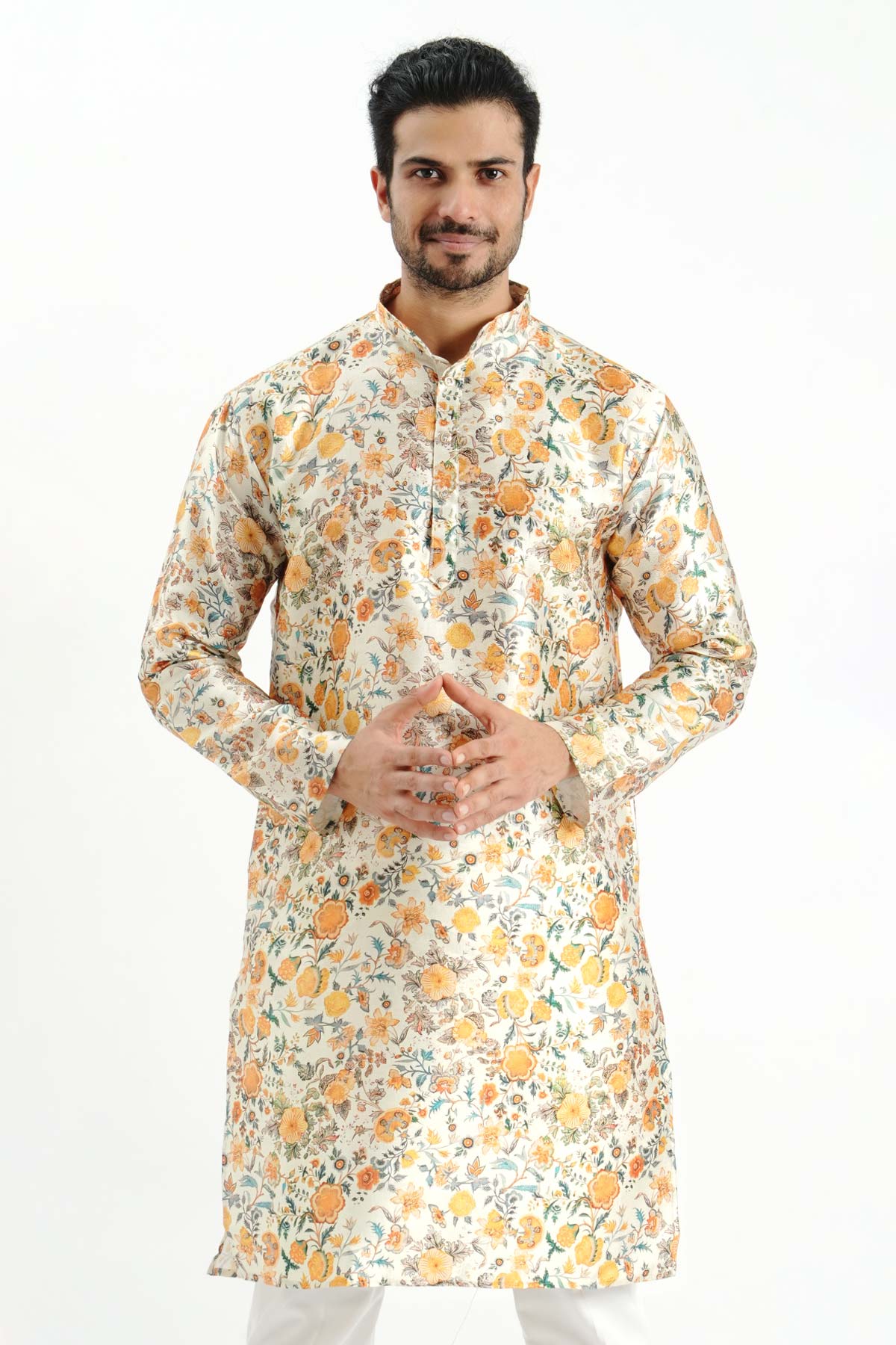 Buy Silk Printed Detail Cream Kurta for men by Aastha Fashion online available at scrollnshops