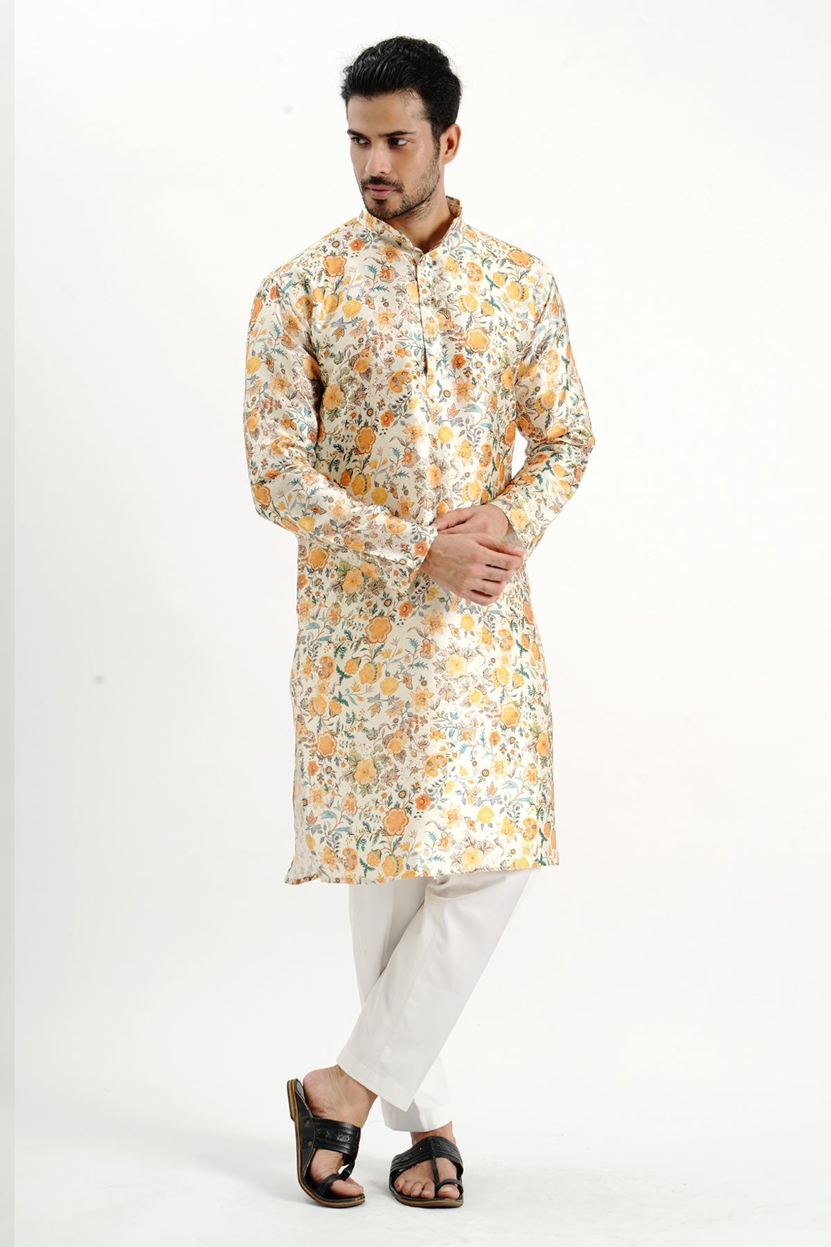 Silk Printed Detail Cream Kurta
