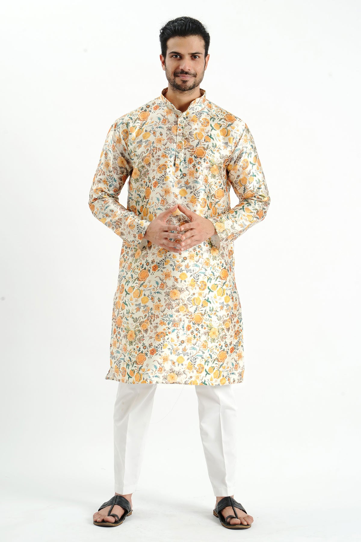 Silk Printed Detail Cream Kurta