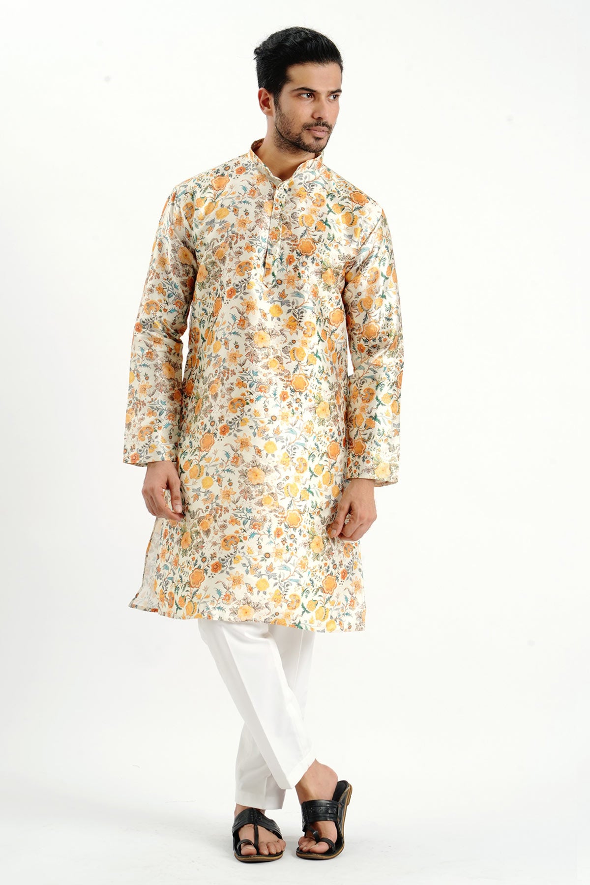 Silk Printed Detail Cream Kurta