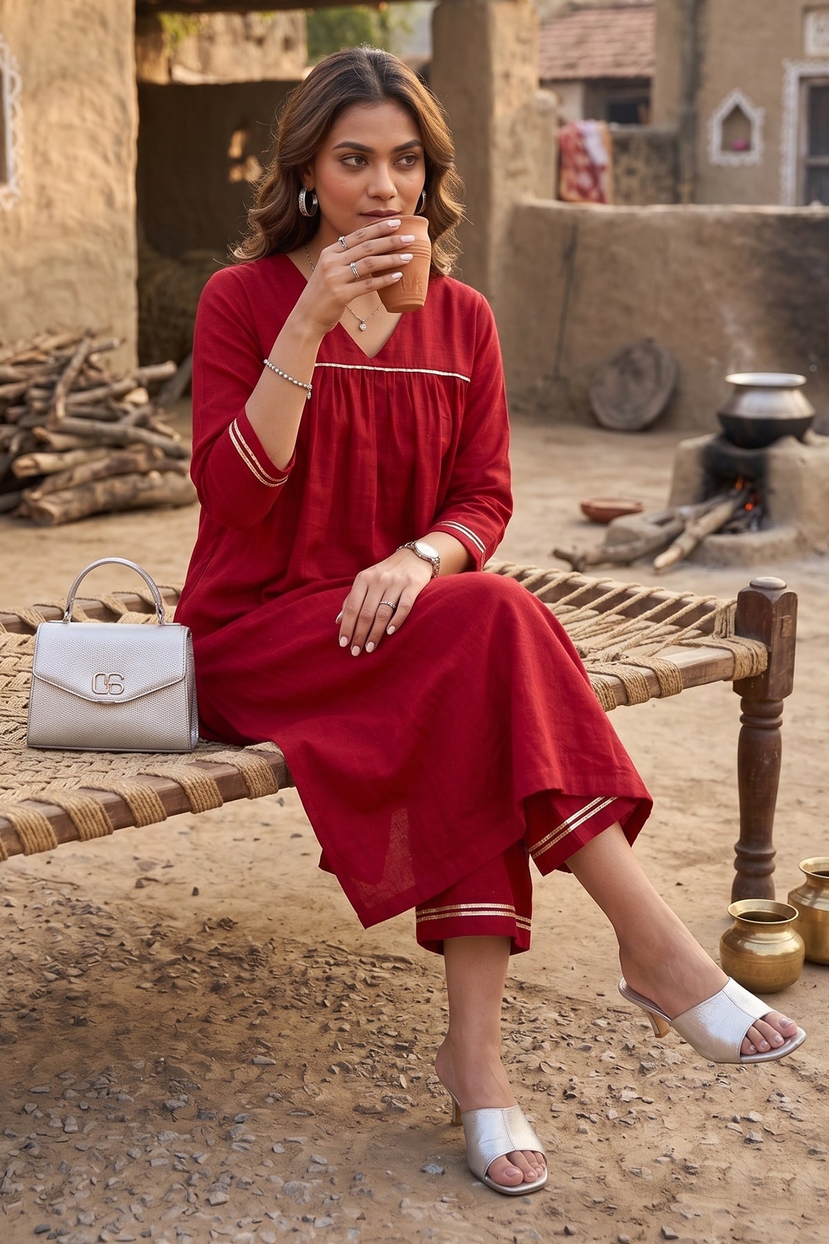 Silk Red Gota Patti Kurta Set