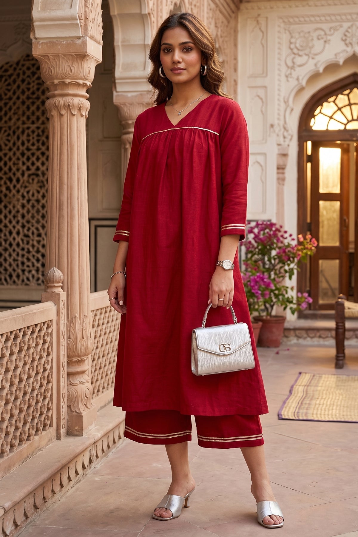 Buy Silk Red Gota Patti Kurta Set for women by Sneha B online available at scrollnshops