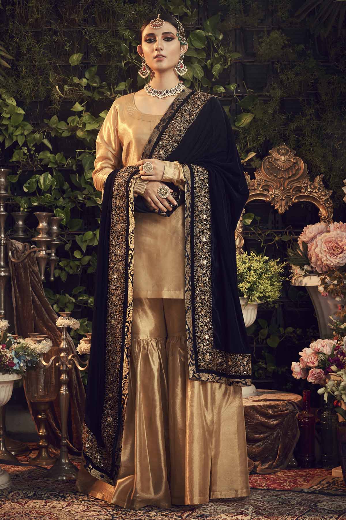 Designer Ranian Oxidised gold kurta set with silk tissue kurta, gharara pants and midnight blue silk velvet dupatta shawl with zardosi border For Women Online at ScrollnShops