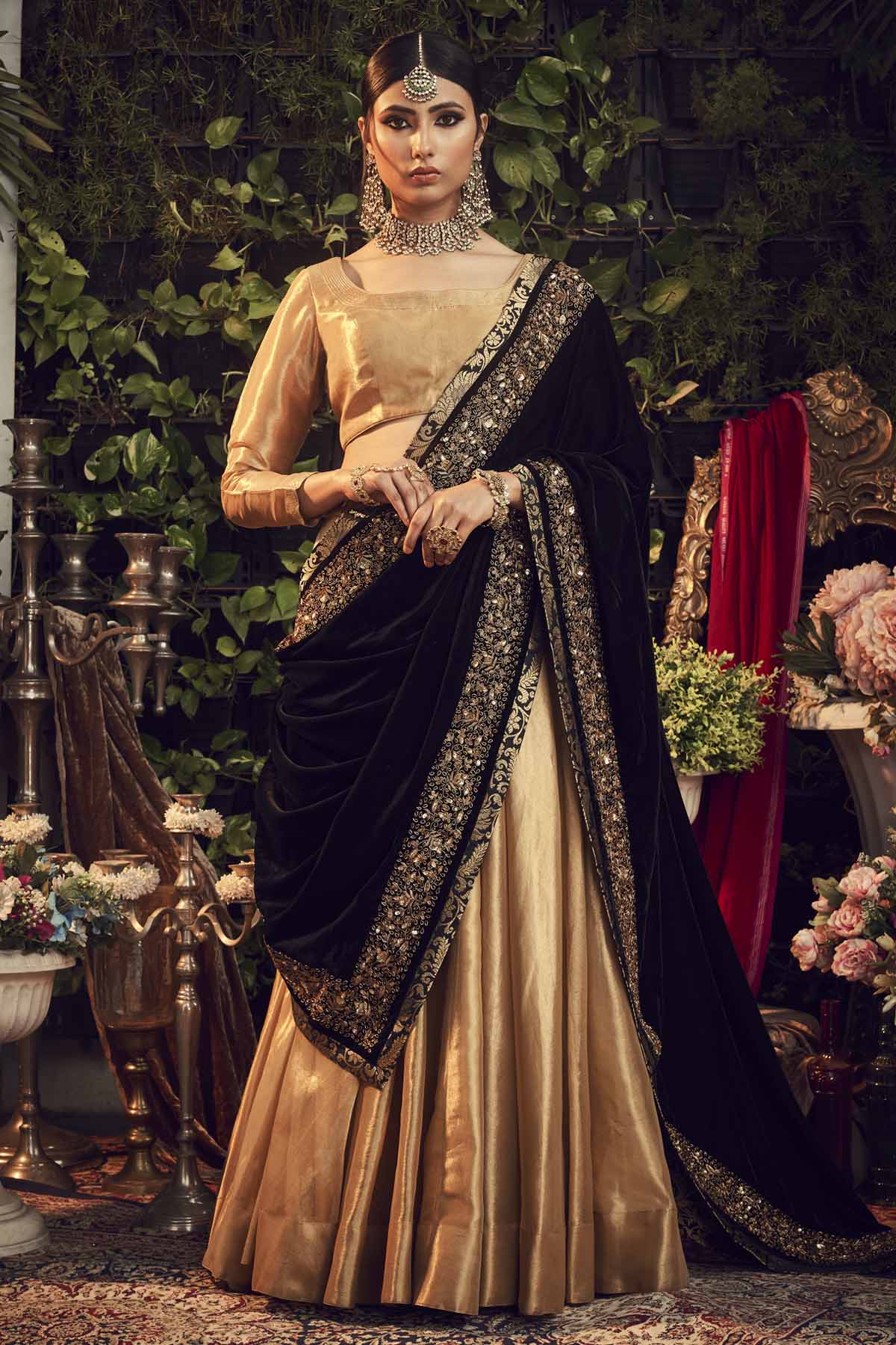 Designer Ranian Oxidised gold lehenga set with silk tissue lehenga, blouse and black silk velvet dupatta shawl with zardosi border For Women Online at ScrollnShops