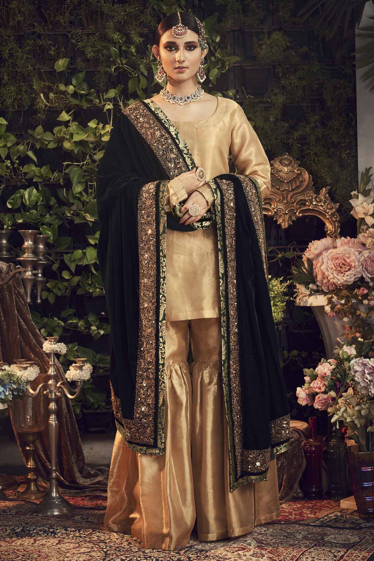Designer Ranian Oxidised gold kurta set with silk tissue kurta, gharara pants and sacramento green silk velvet dupatta shawl with zardosi border For Women Online at ScrollnShops