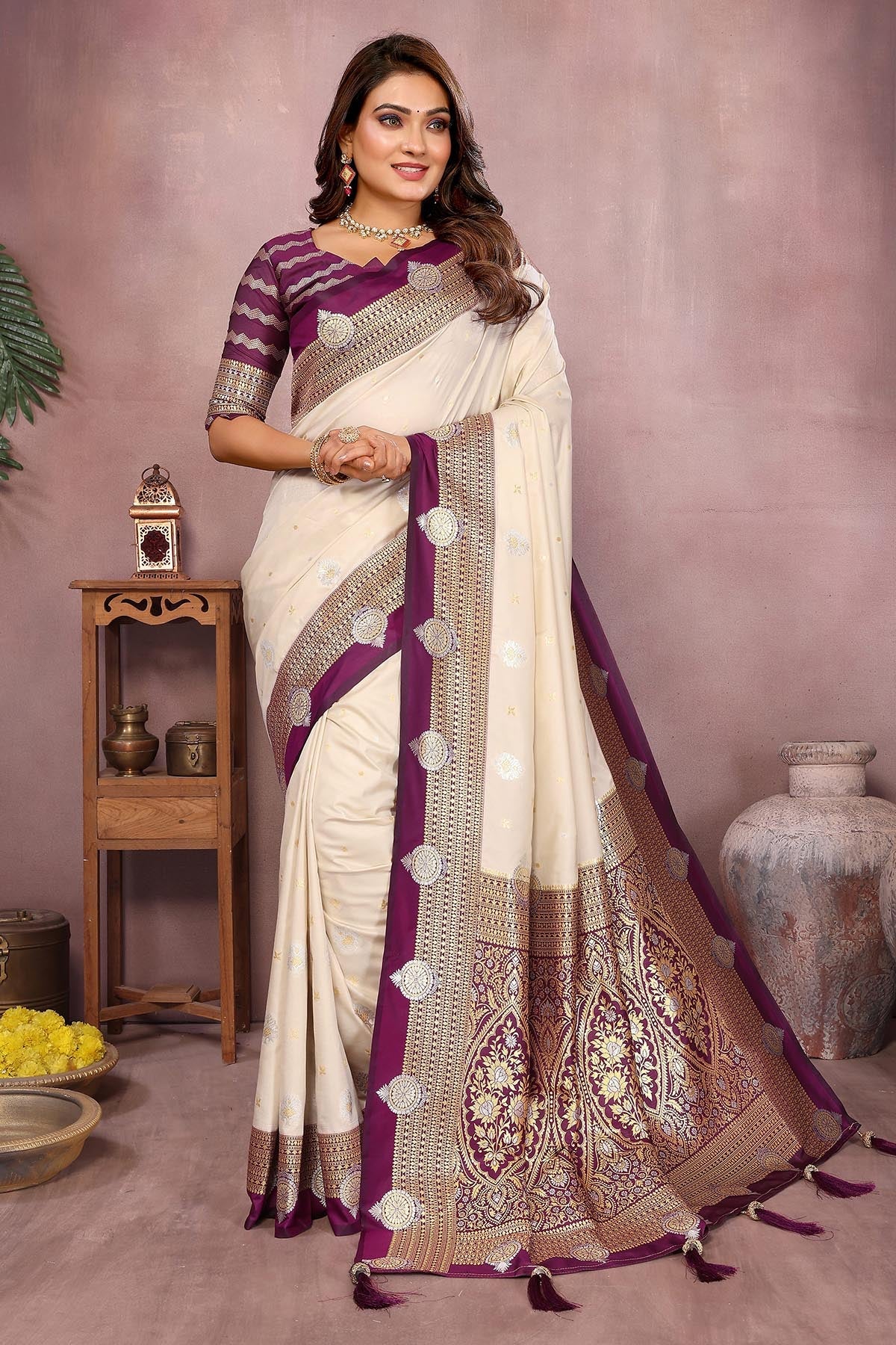 Buy Silk Weaving Fancy Cream Saree for women by Aastha Fashion online available at scrollnshops