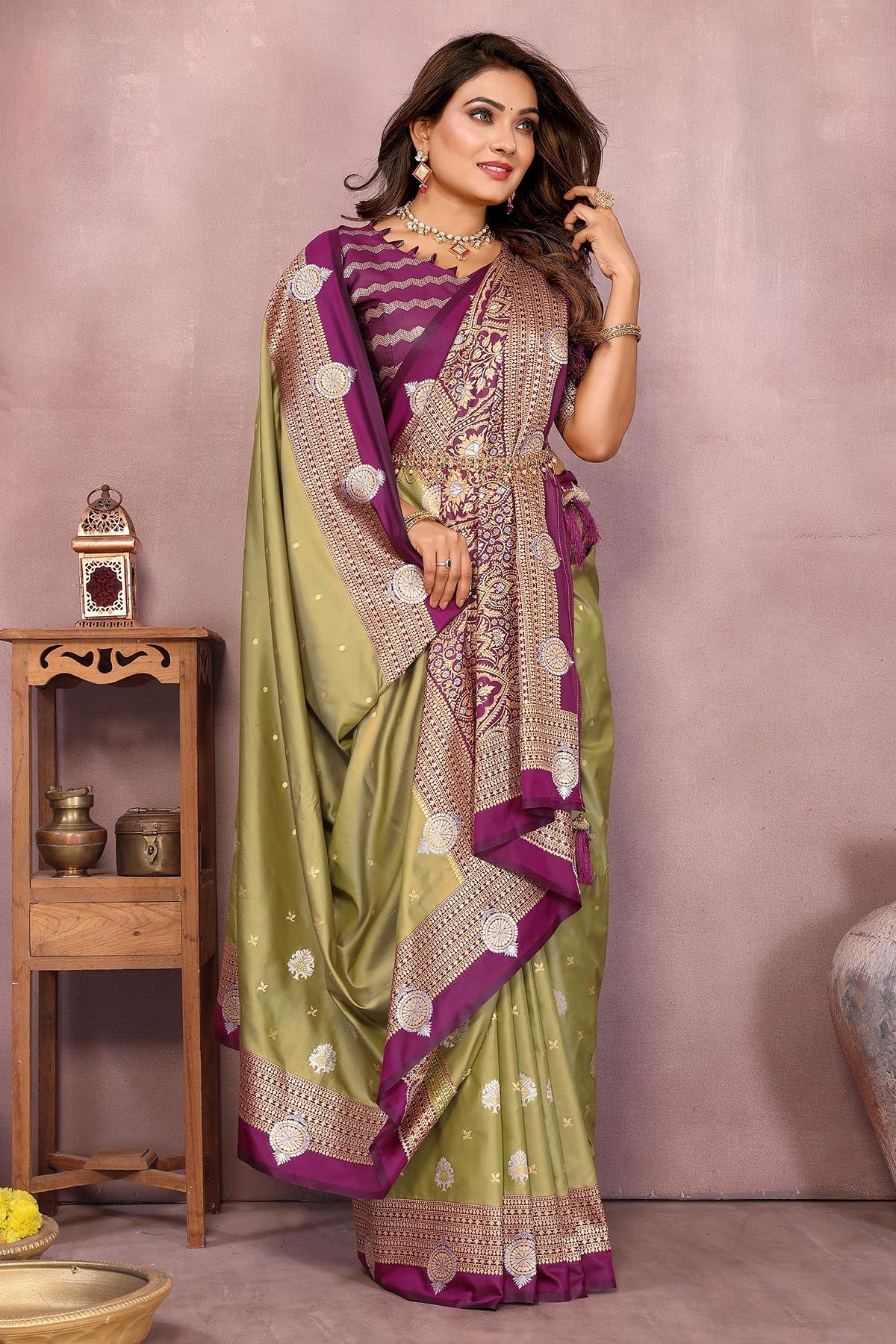 Silk Weaving Fancy Pista Saree