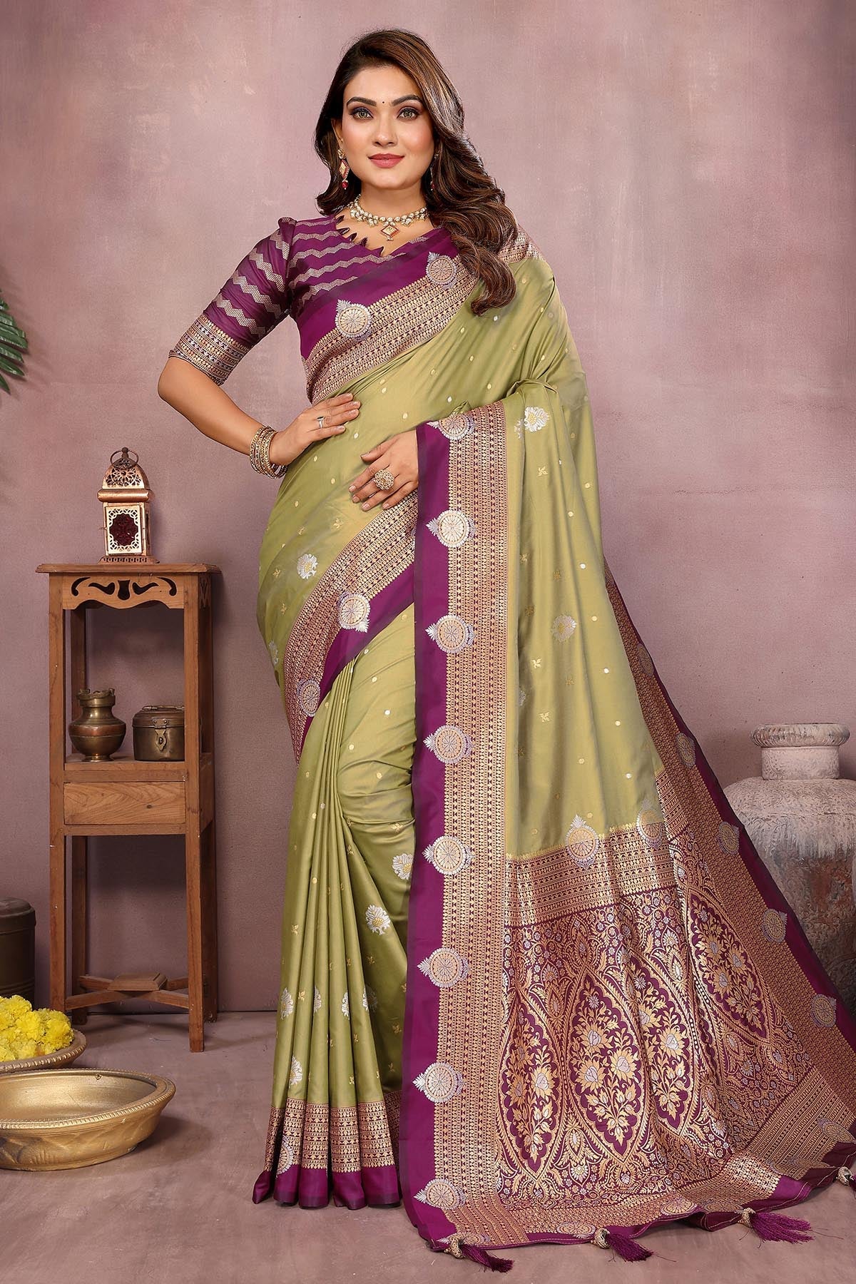 Buy Silk Weaving Fancy Pista Saree for women by Aastha Fashion online available at scrollnshops