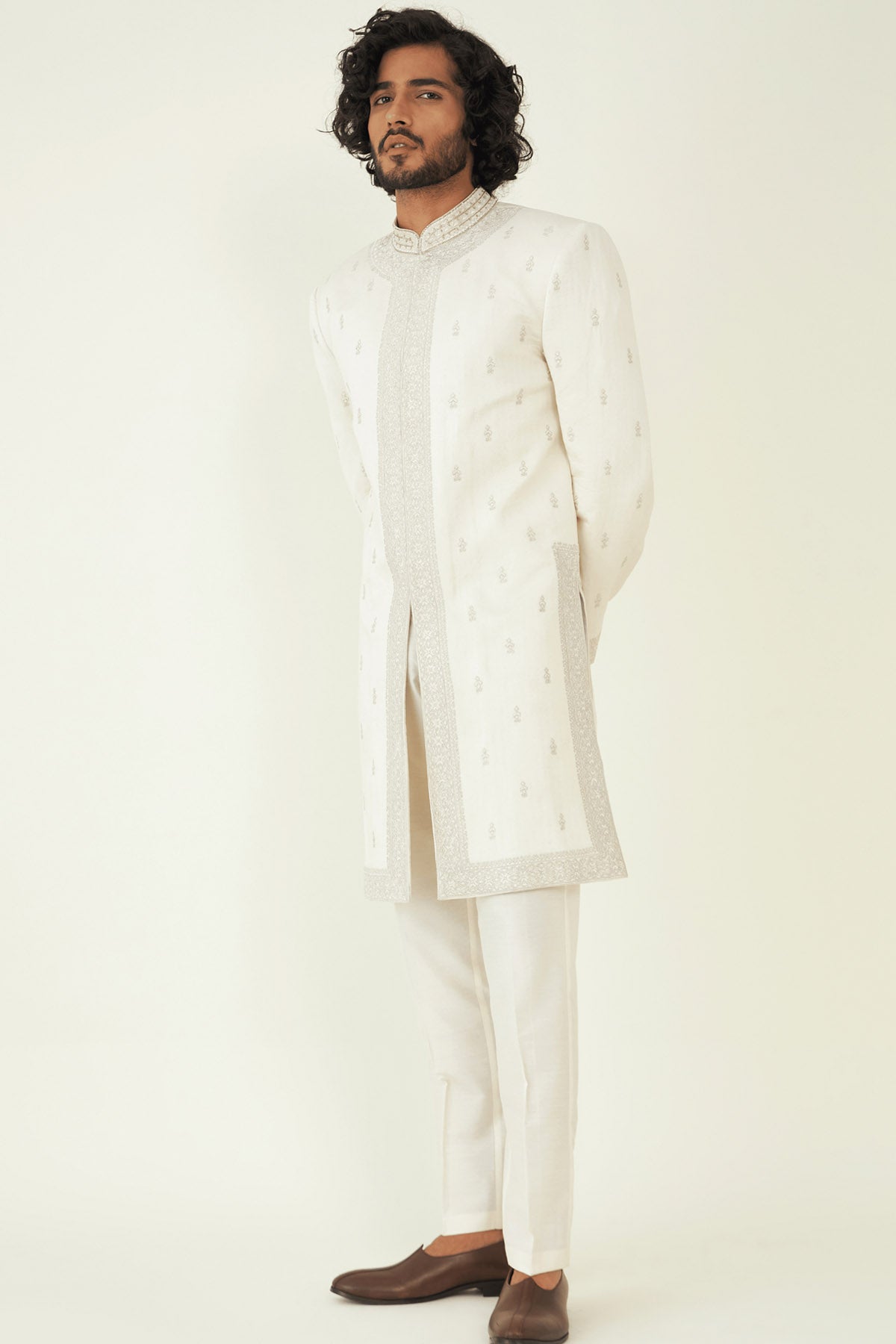 Silver Bootas & Zari Sherwani Set