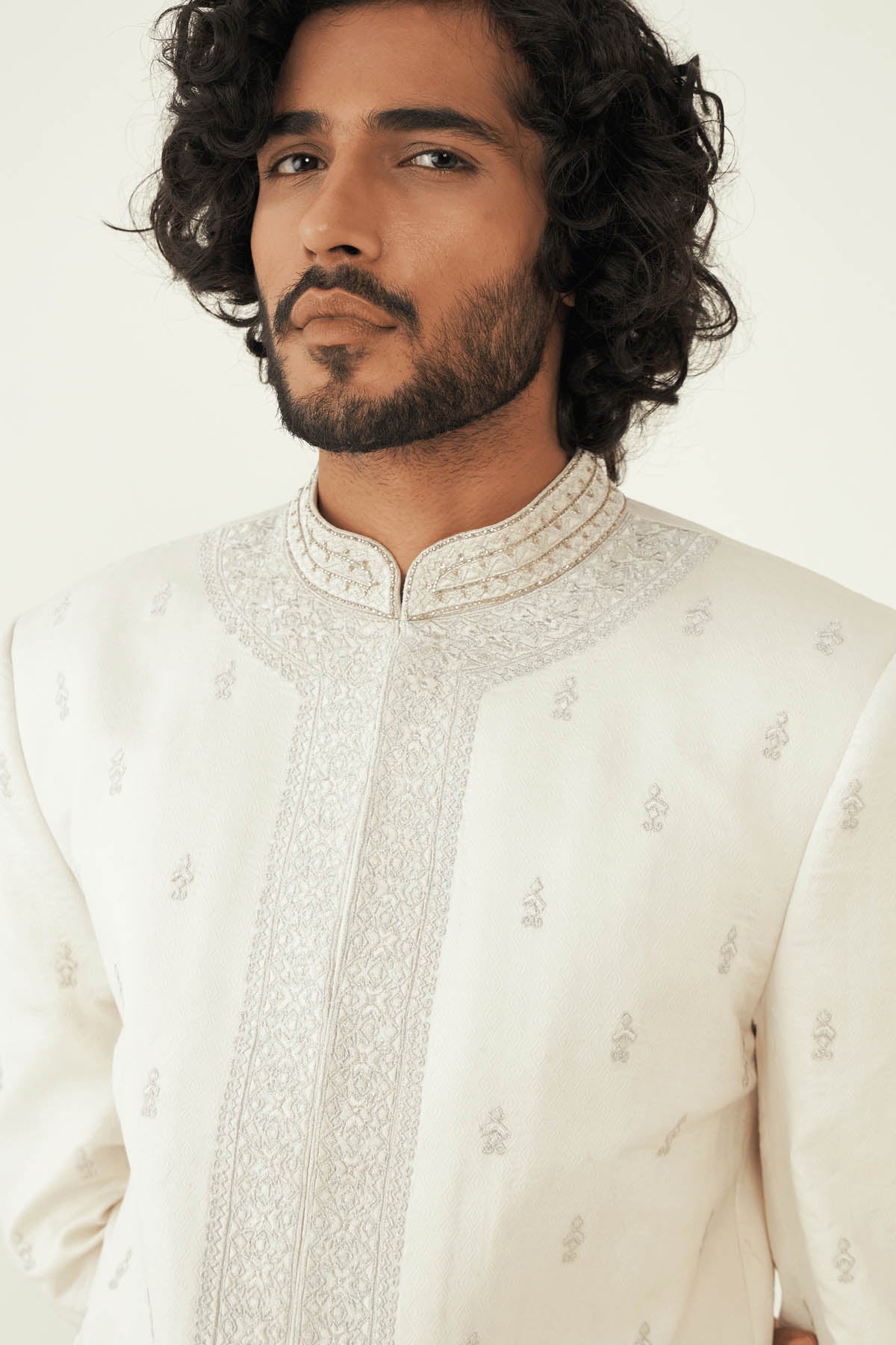 Silver Bootas & Zari Sherwani Set