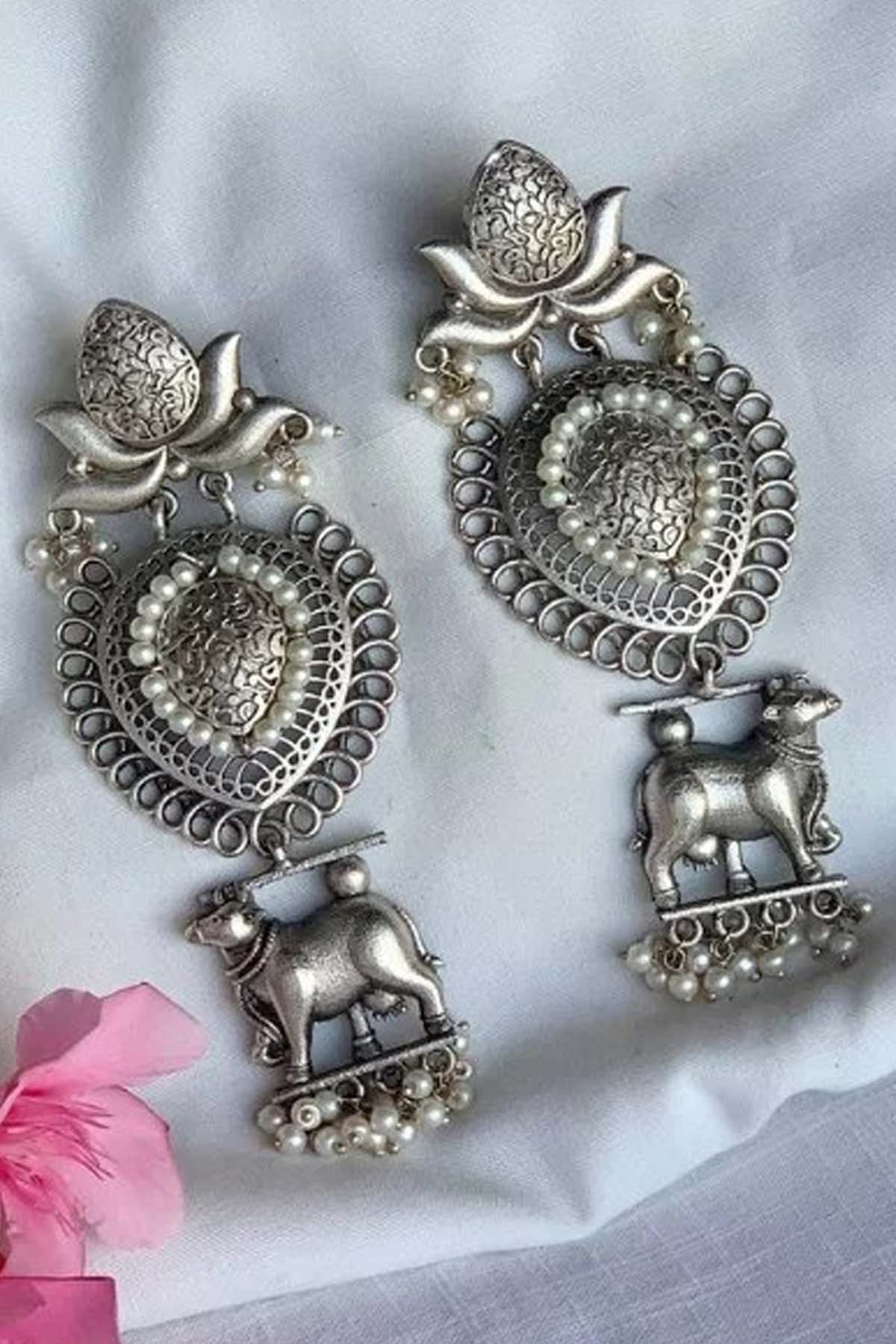 Silver Cow Motif Earrings