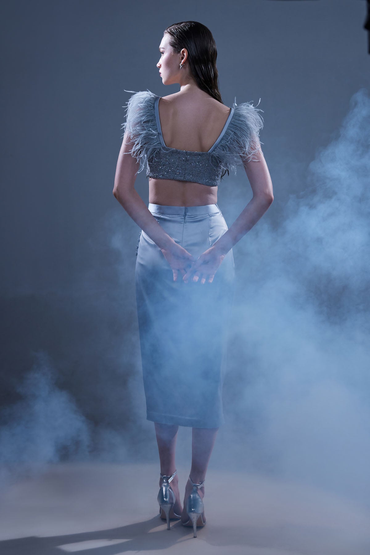 Silver Feather Detailed Top & Skirt Set