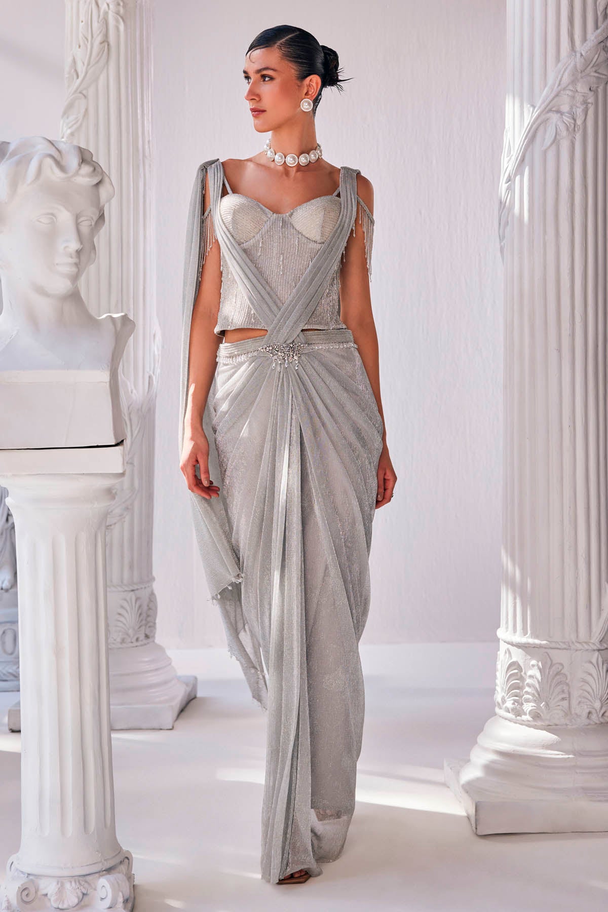 Silver Pre-Draped Crinkle Saree