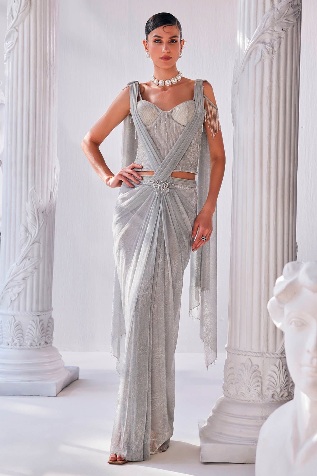 Silver Pre-Draped Crinkle Saree