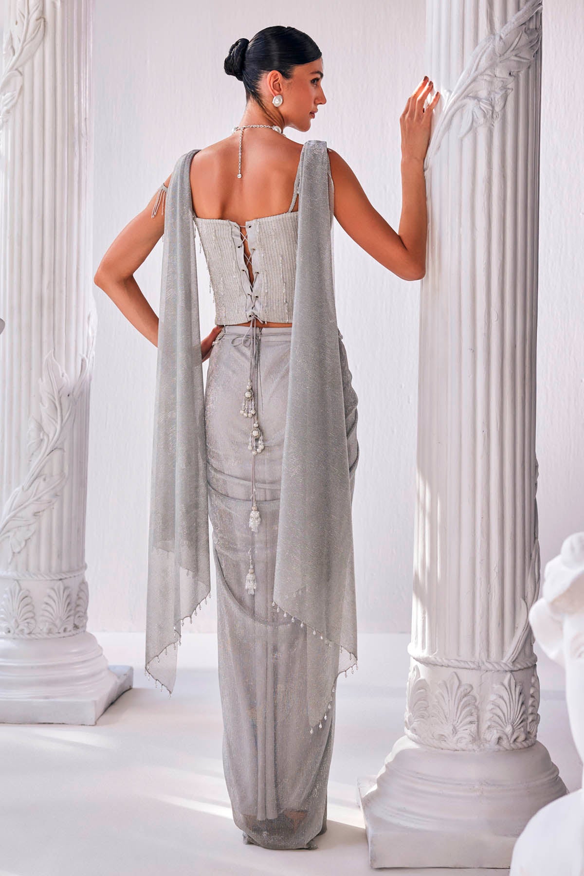 Silver Pre-Draped Crinkle Saree