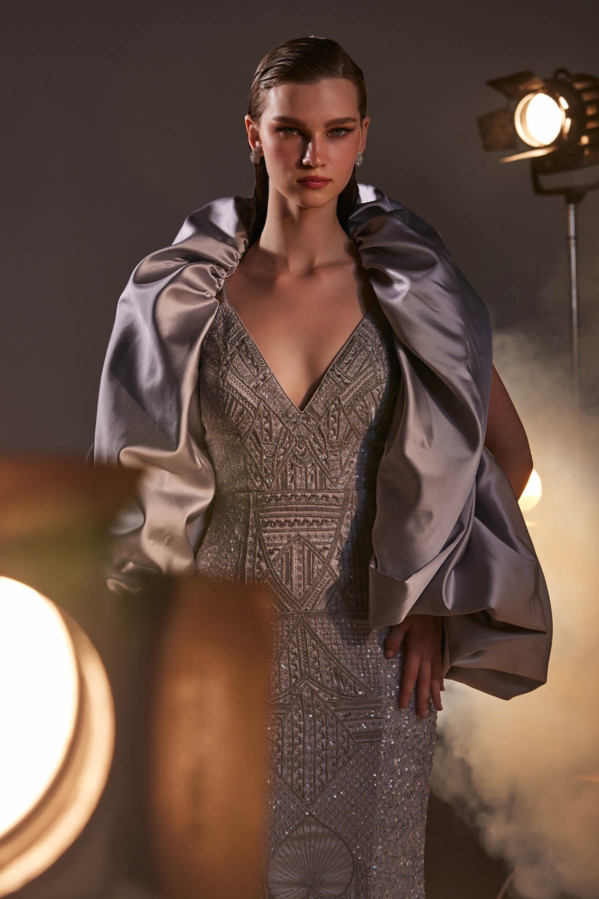 Silver Sequins Low Cut Gown