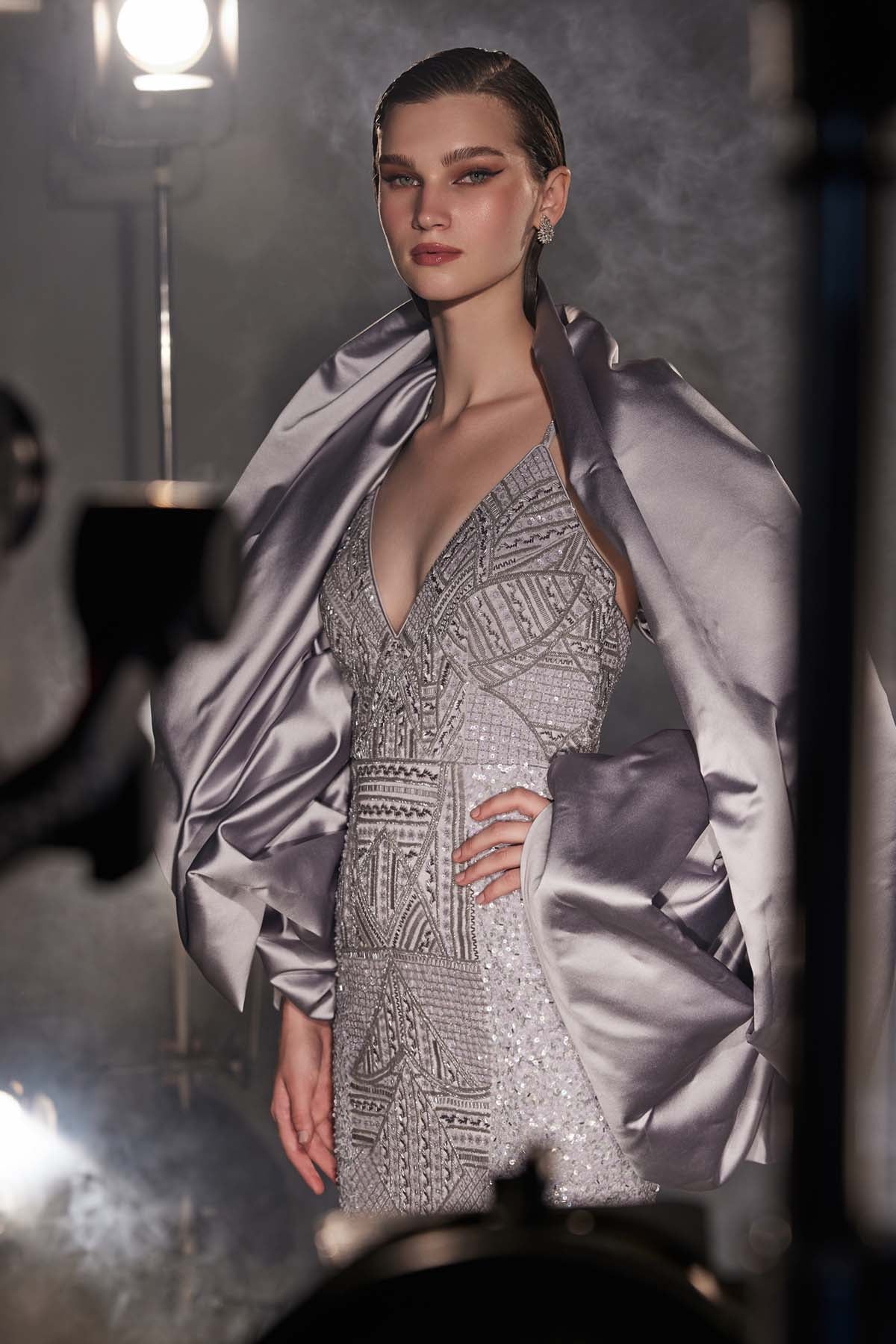 Silver Sequins Low Cut Gown