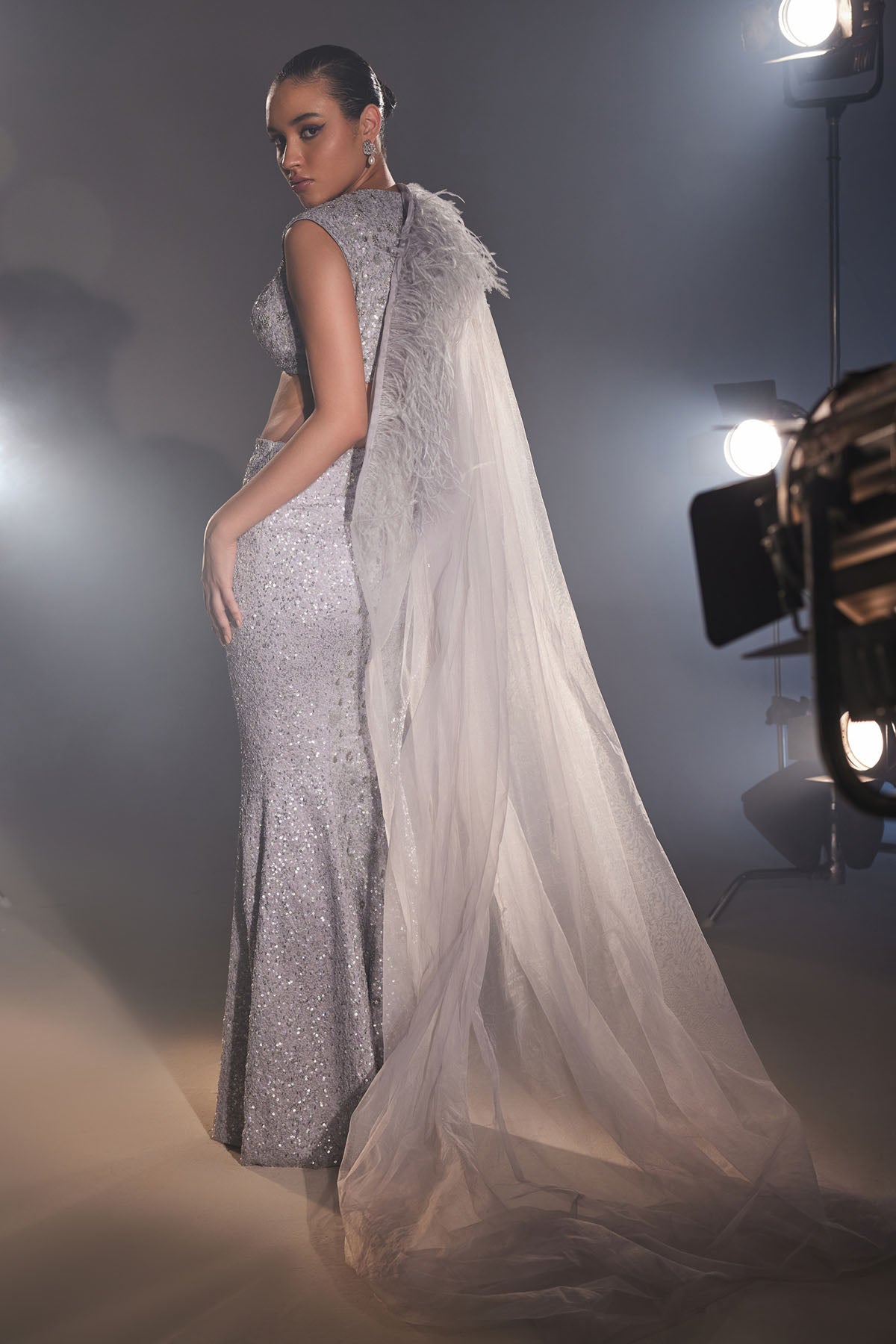 Silver Sequins Skirt & Cape Set