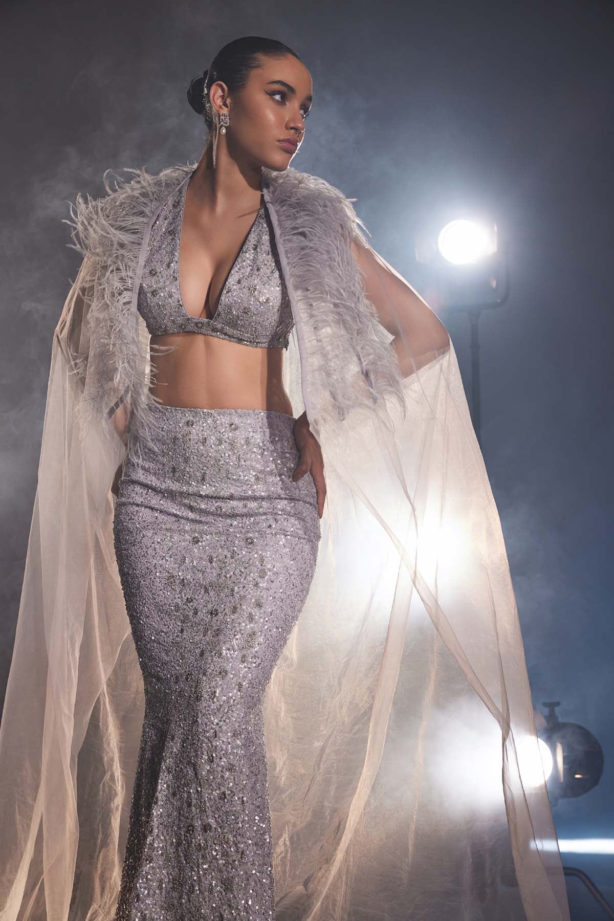 Silver Sequins Skirt & Cape Set