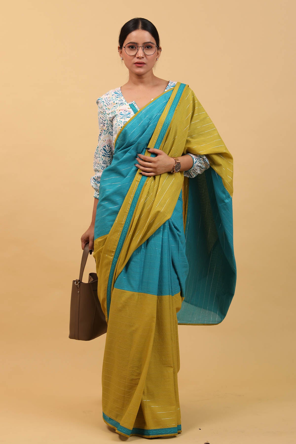 Silver Striped Pre Stitched Saree Set