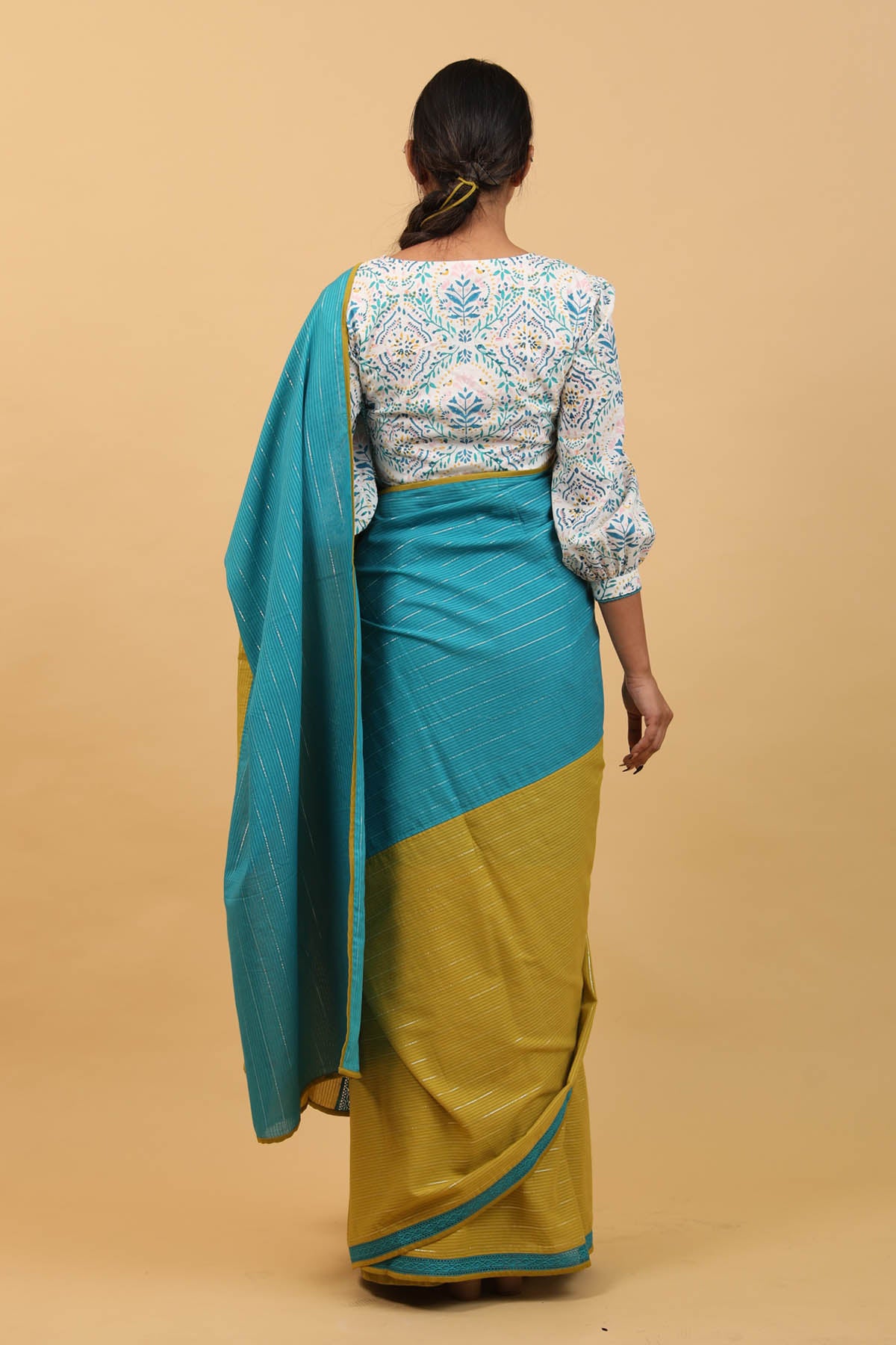 Silver Striped Pre Stitched Saree Set