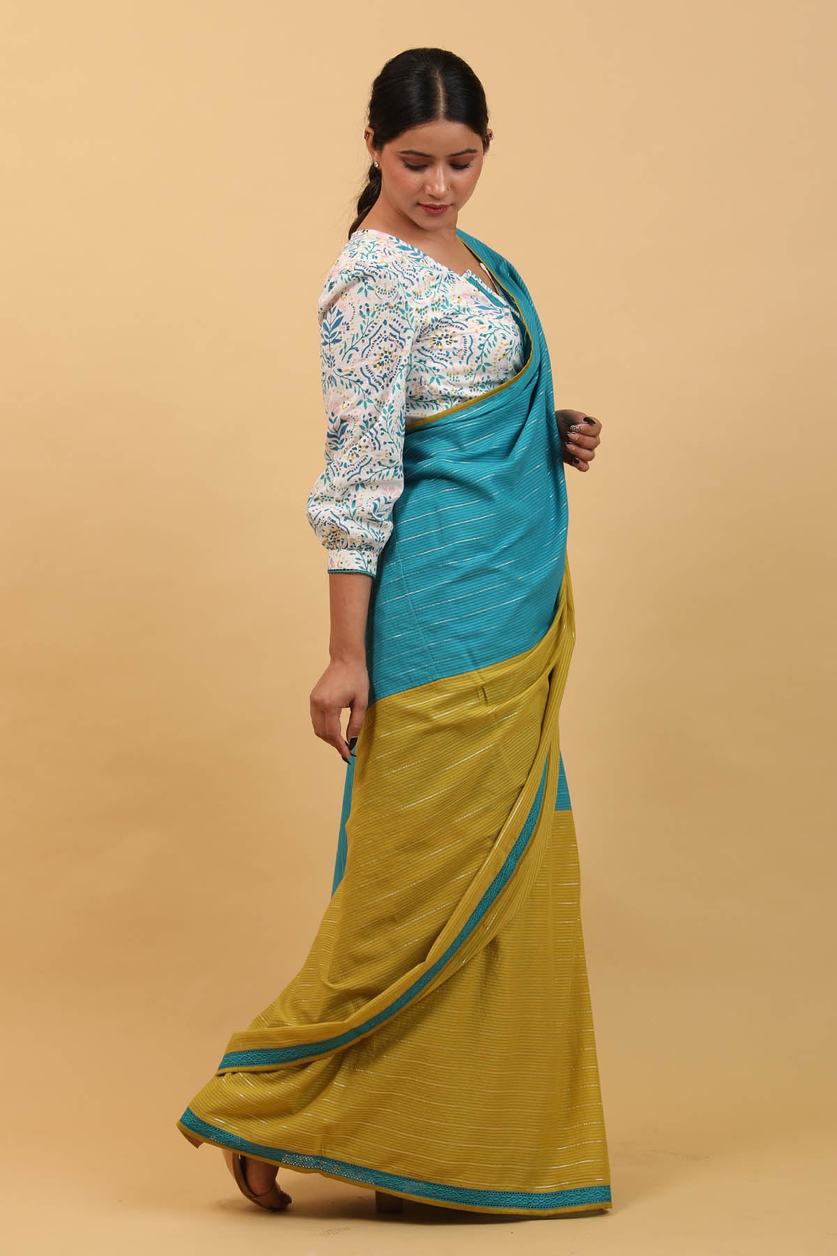 Silver Striped Pre Stitched Saree Set