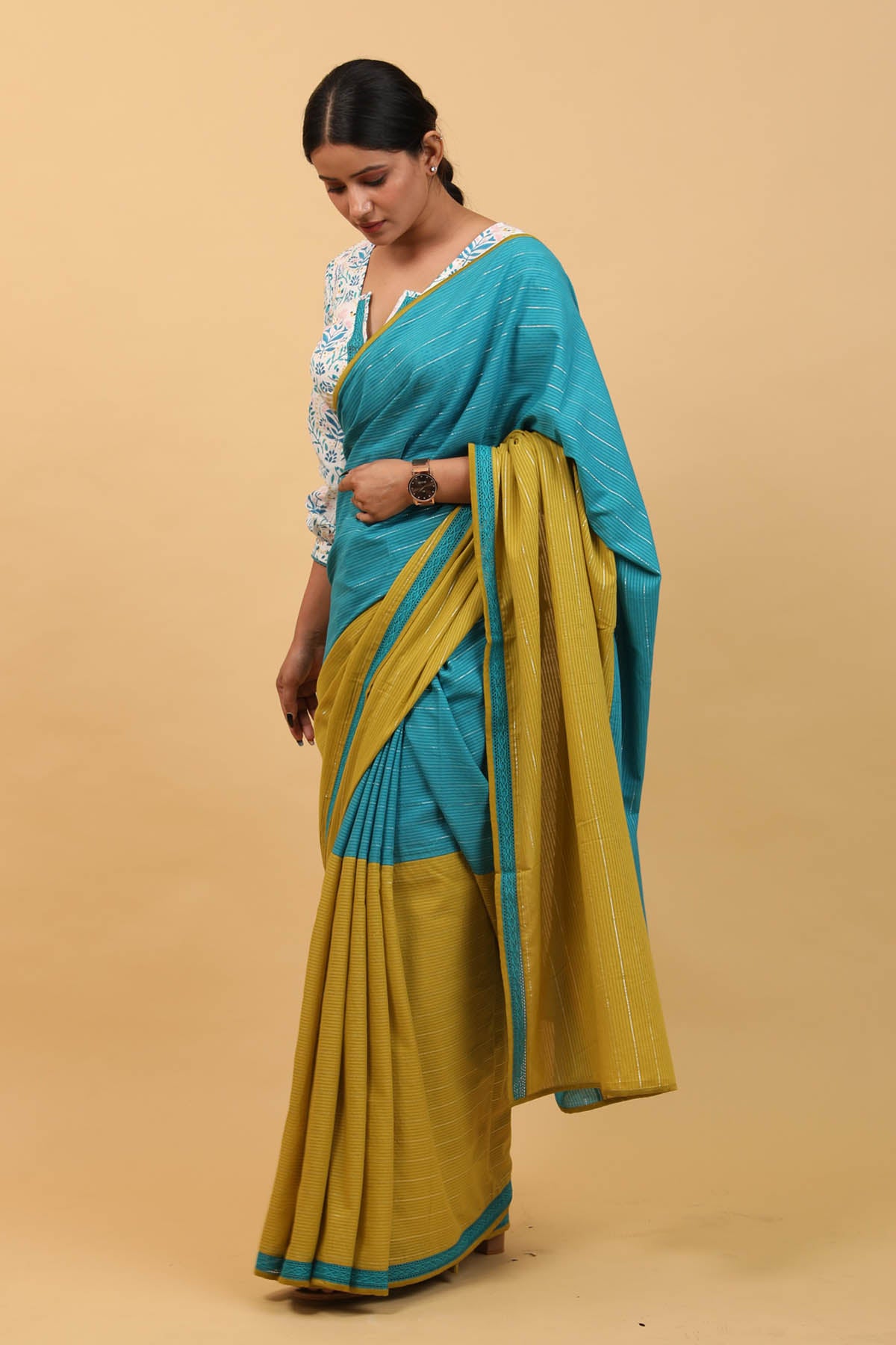 Silver Striped Pre Stitched Saree Set