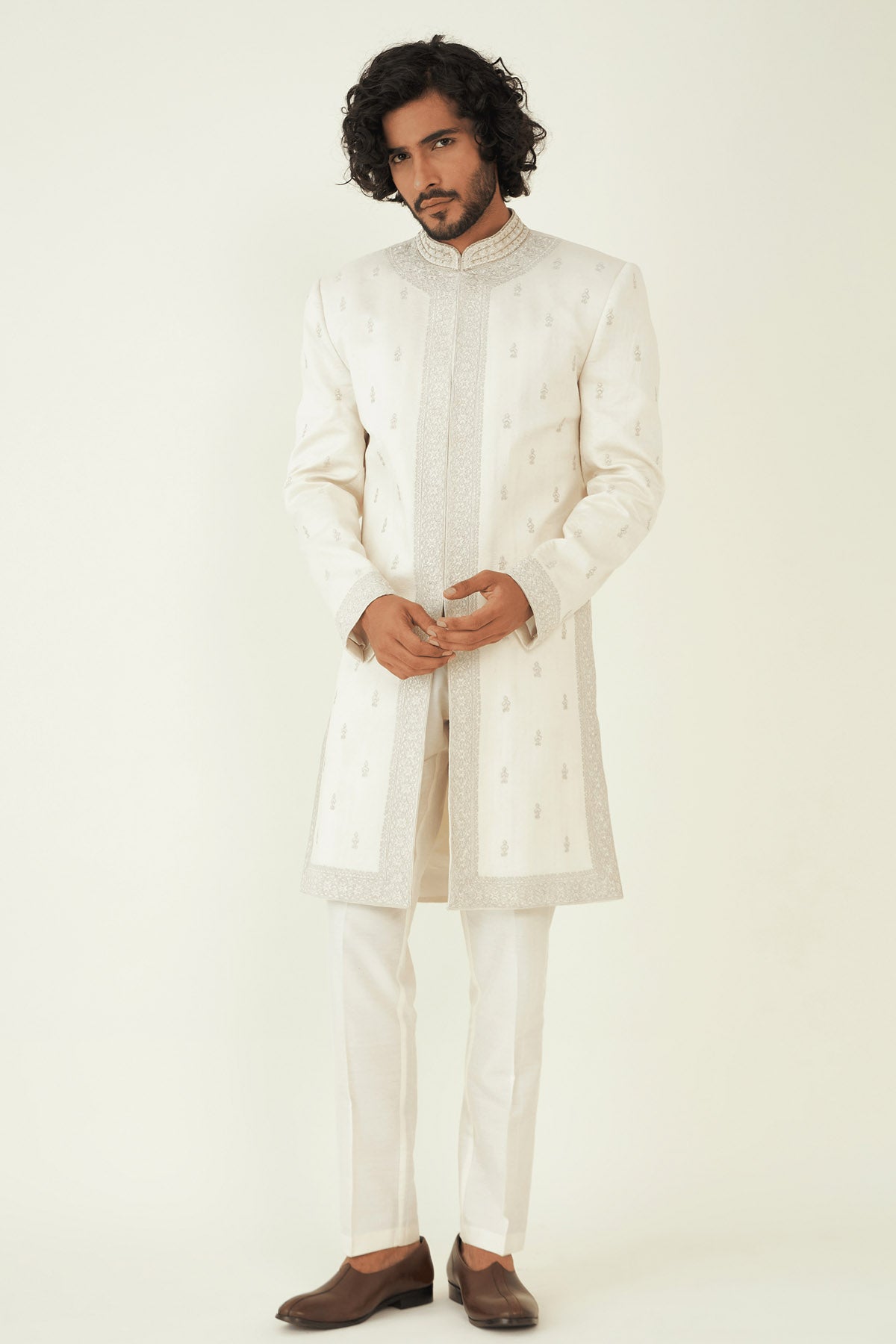 Silver Bootas & Zari Sherwani Set