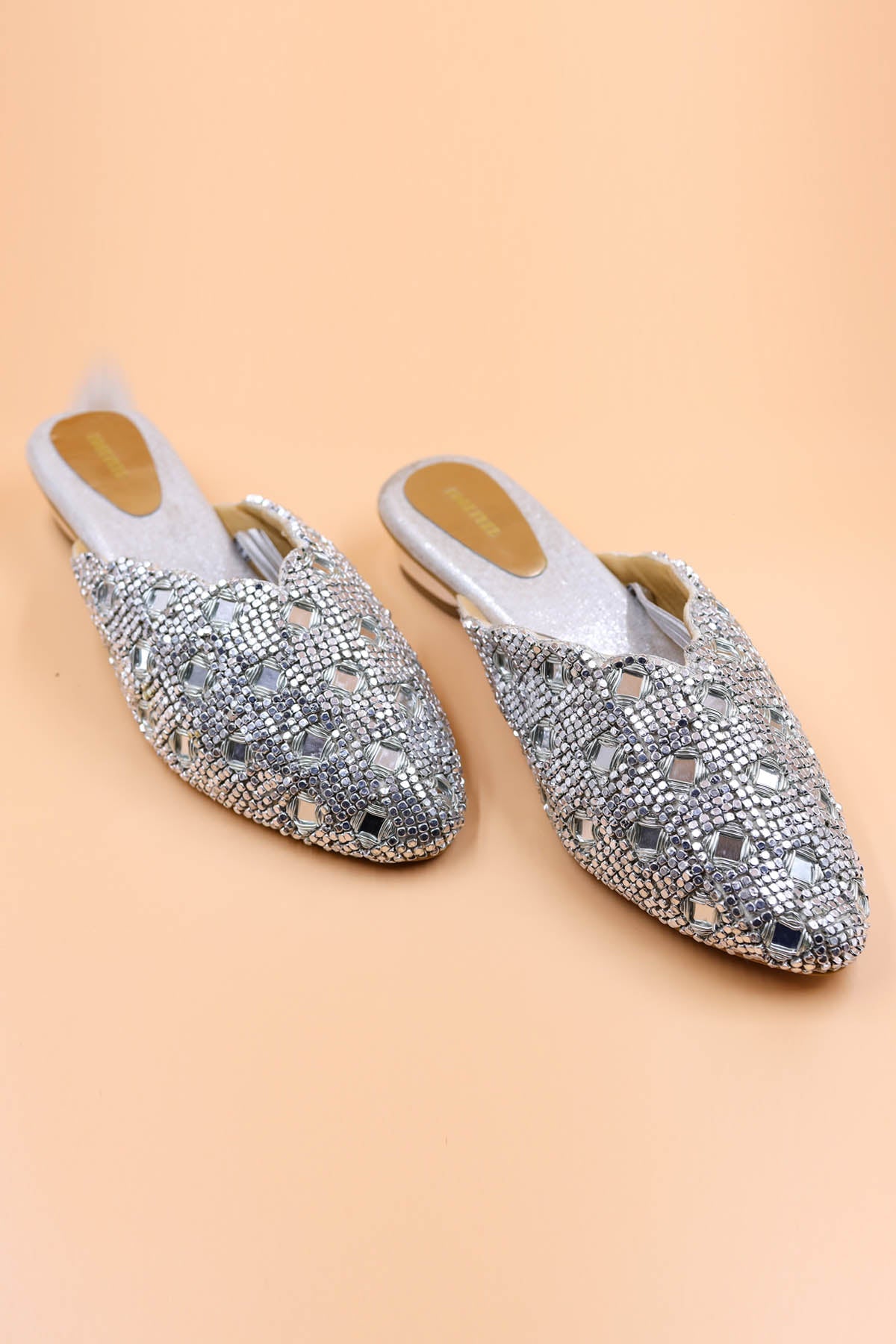 Foot Fuel Silver Crystal Embroidered Mules for accessories online at ScrollnShops