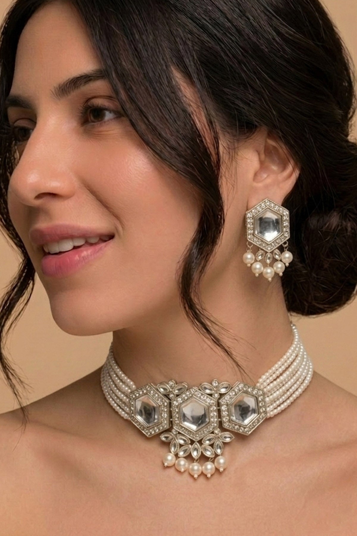 Buy Silver Crystal Pearl Choker Set for women by Inko & Co online available at scrollnshops