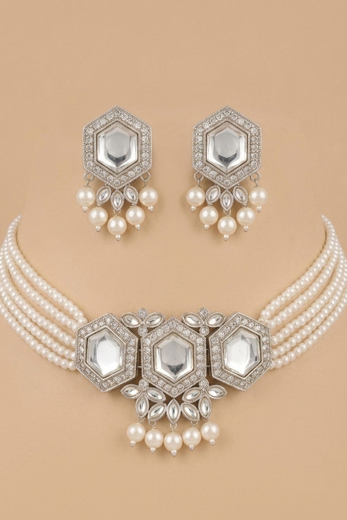 Silver Crystal Pearl Choker Set