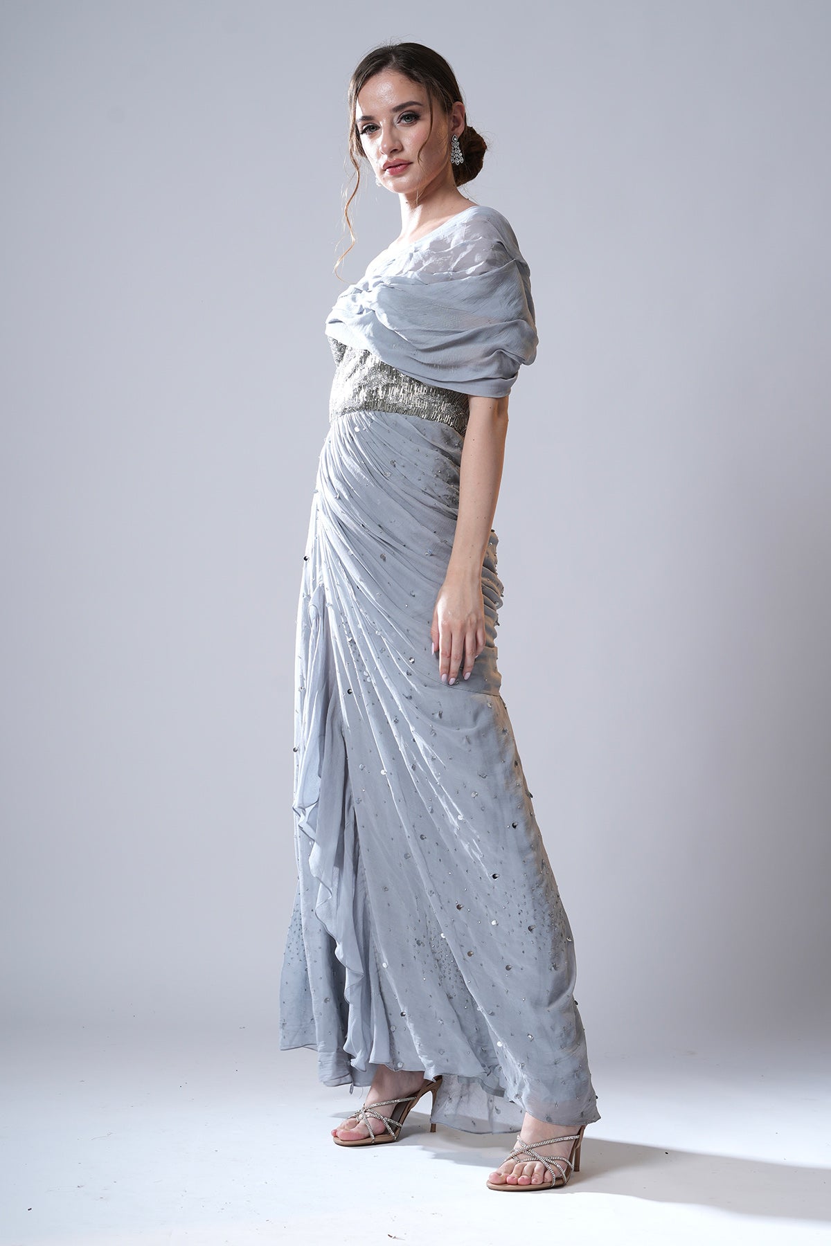 Silver Embellished Drape Gown